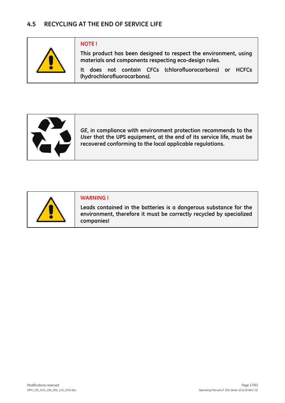 5 recycling at the end of service life, Recycling at the end of service life | GE Industrial Solutions LP 33U Series 10 & 20 kVA Operating Manual User Manual | Page 17 / 63
