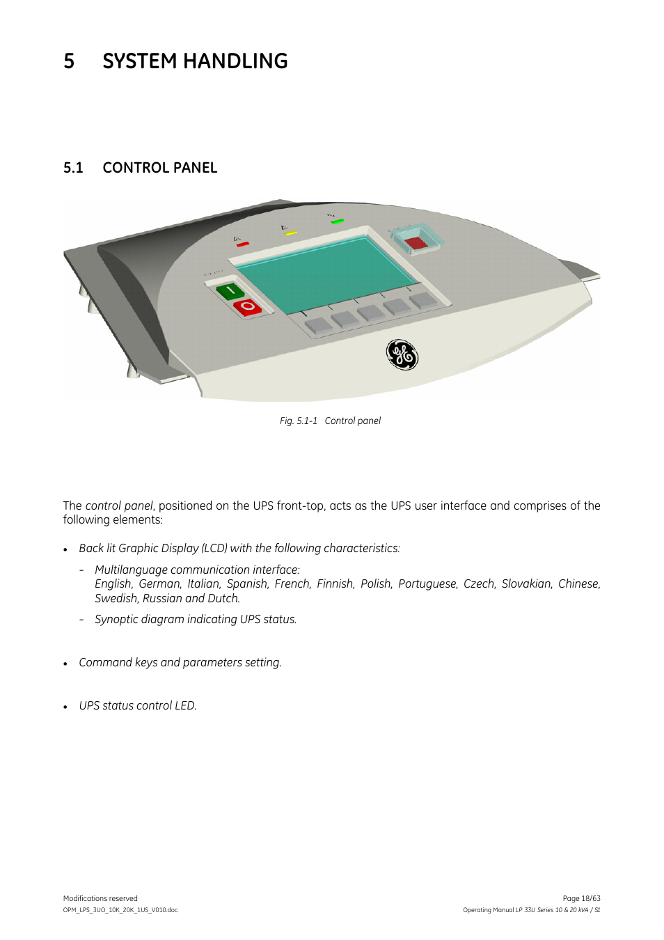 5 system handling, 1 control panel, System handling | Control panel | GE Industrial Solutions LP 33U Series 10 & 20 kVA Operating Manual User Manual | Page 18 / 63