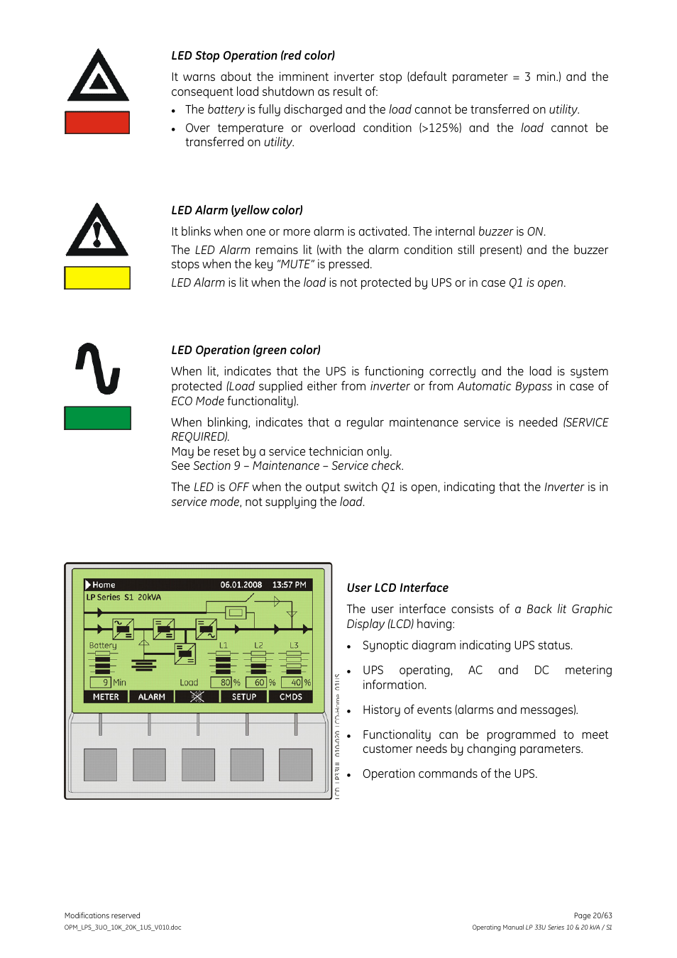 GE Industrial Solutions LP 33U Series 10 & 20 kVA Operating Manual User Manual | Page 20 / 63