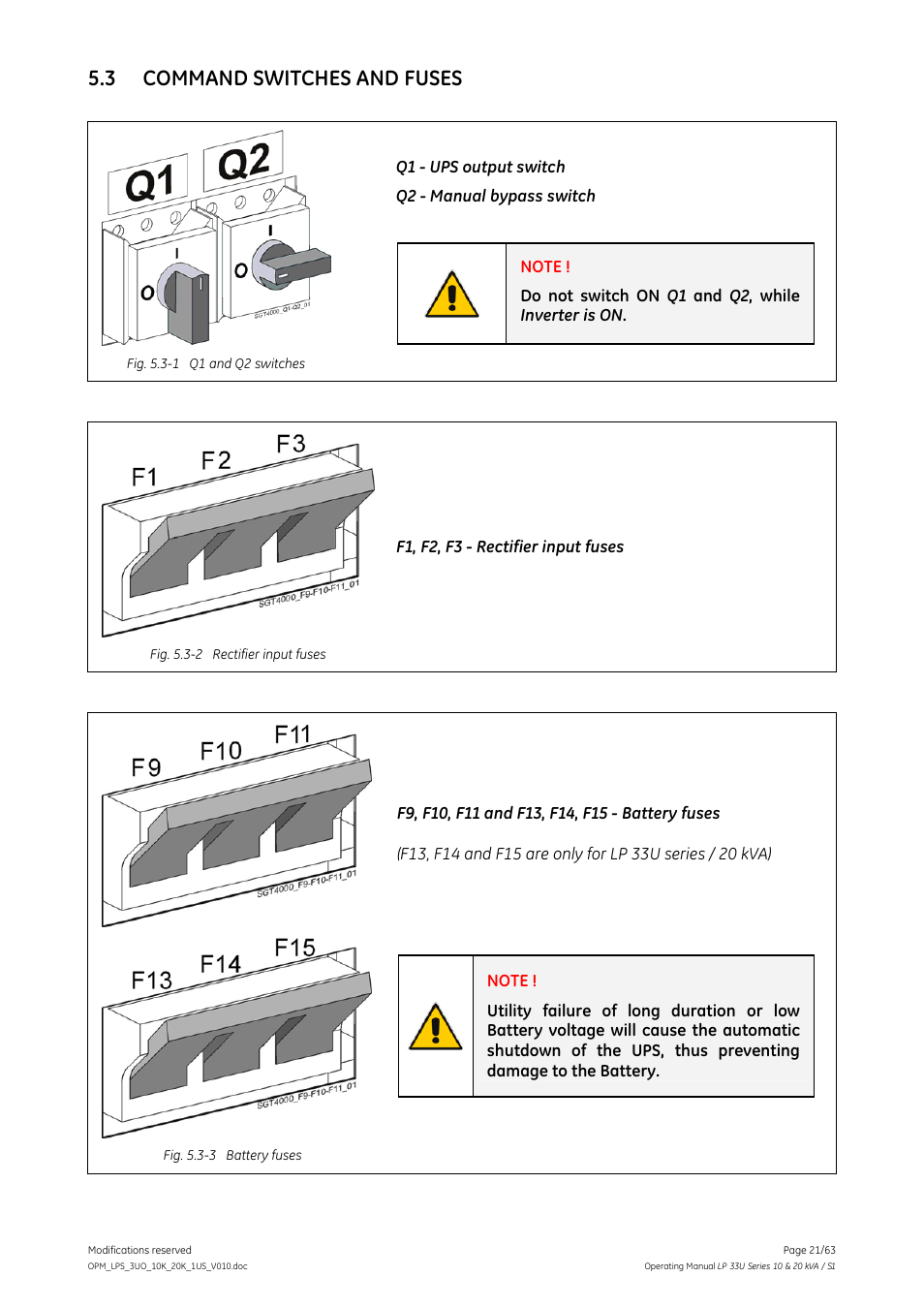 3 command switches and fuses, Command switches and fuses | GE Industrial Solutions LP 33U Series 10 & 20 kVA Operating Manual User Manual | Page 21 / 63