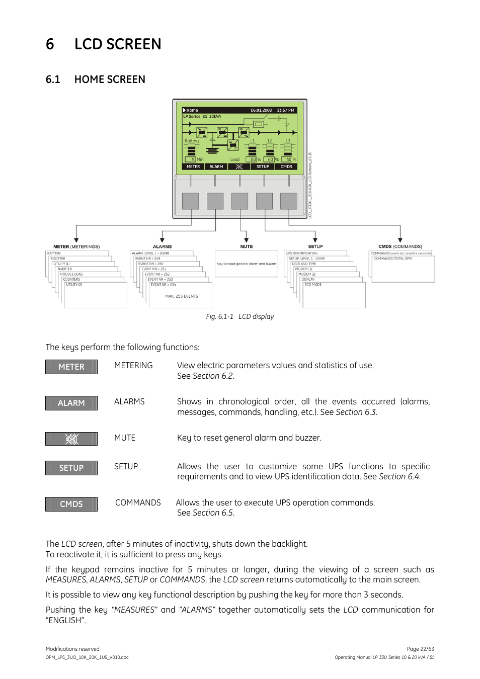 6 lcd screen, 1 home screen, Lcd screen | Home screen | GE Industrial Solutions LP 33U Series 10 & 20 kVA Operating Manual User Manual | Page 22 / 63