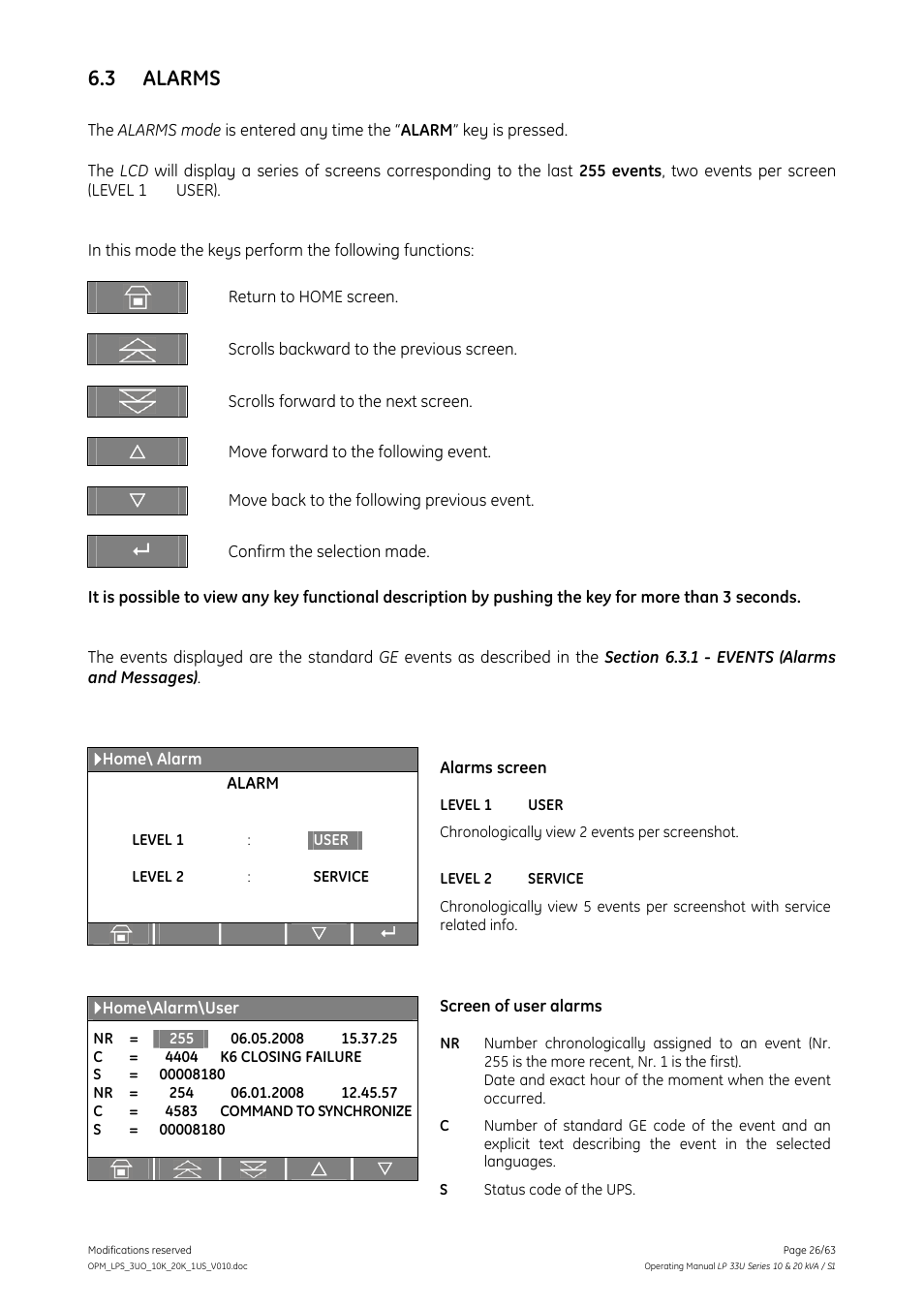 3 alarms, Alarms | GE Industrial Solutions LP 33U Series 10 & 20 kVA Operating Manual User Manual | Page 26 / 63
