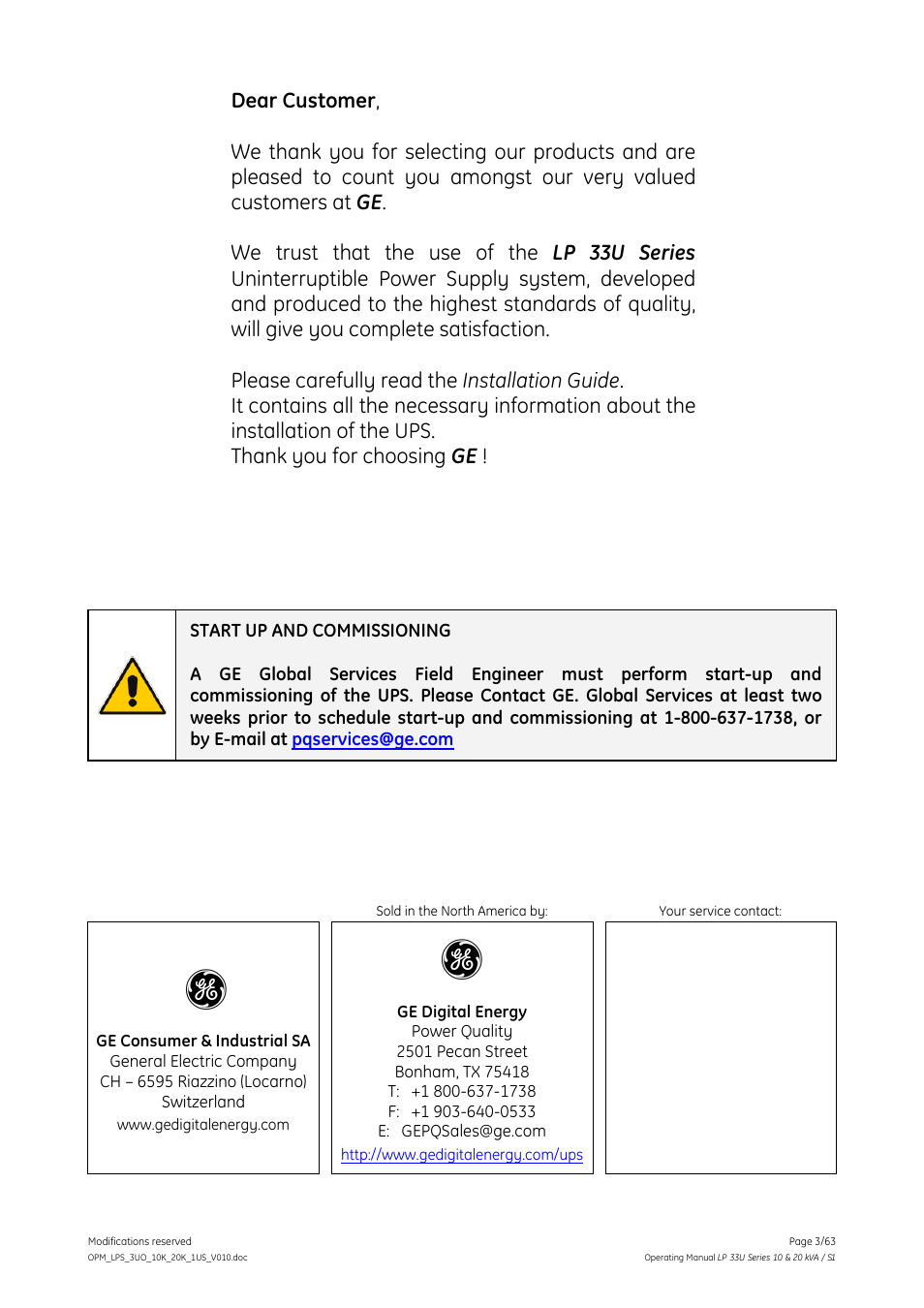 GE Industrial Solutions LP 33U Series 10 & 20 kVA Operating Manual User Manual | Page 3 / 63