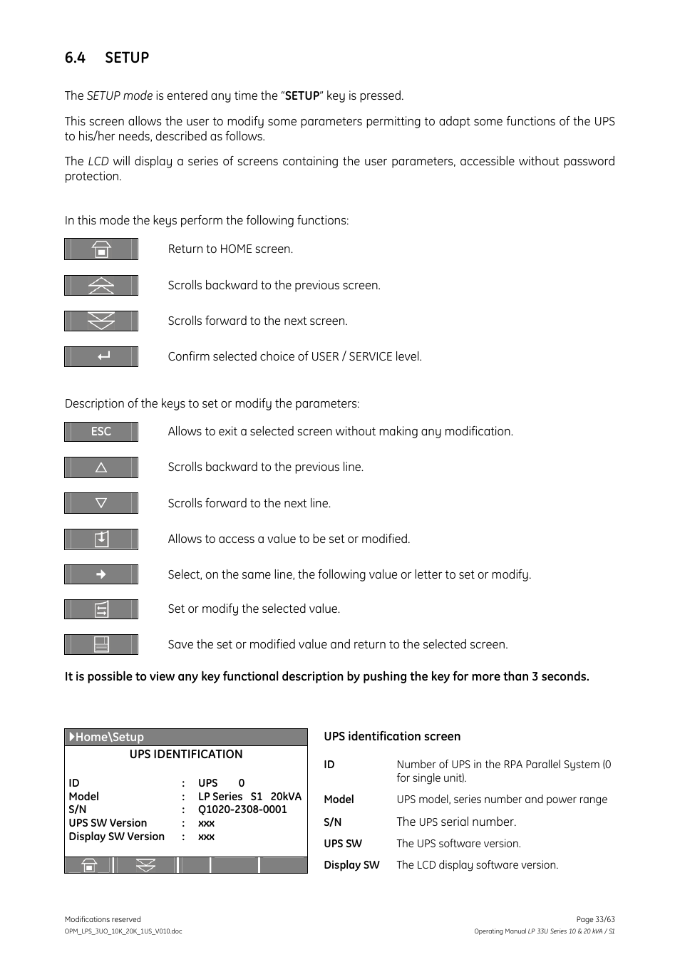 4 setup, Setup | GE Industrial Solutions LP 33U Series 10 & 20 kVA Operating Manual User Manual | Page 33 / 63