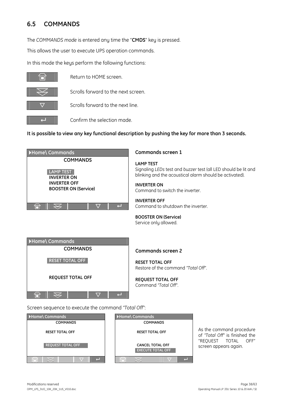 5 commands, Commands | GE Industrial Solutions LP 33U Series 10 & 20 kVA Operating Manual User Manual | Page 38 / 63