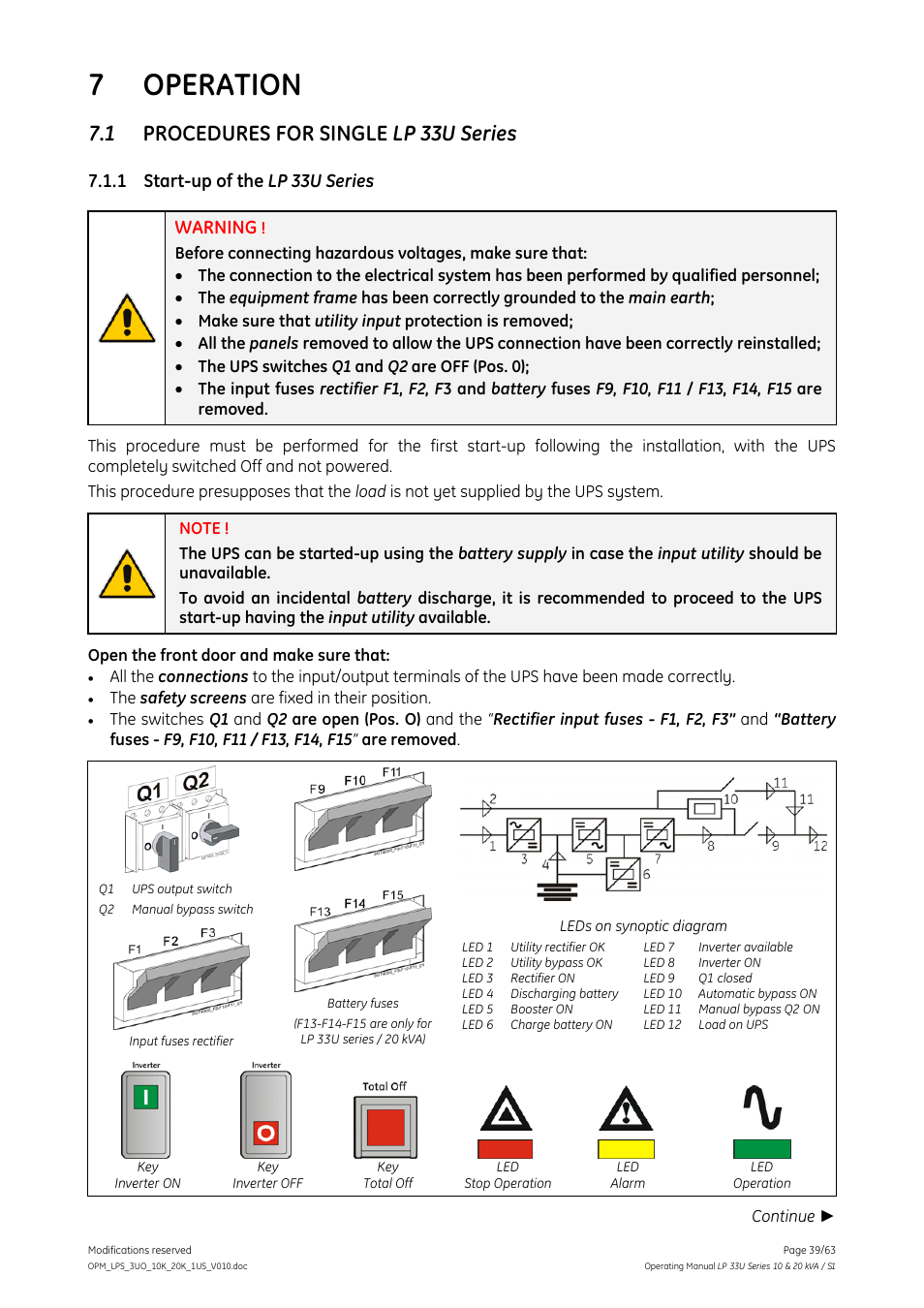 7 operation, 1 procedures for single lp 33u series, 1 start-up of the lp 33u series | Operation, Procedures for single lp 33u series, Start-up of the lp 33u series, Warning | GE Industrial Solutions LP 33U Series 10 & 20 kVA Operating Manual User Manual | Page 39 / 63
