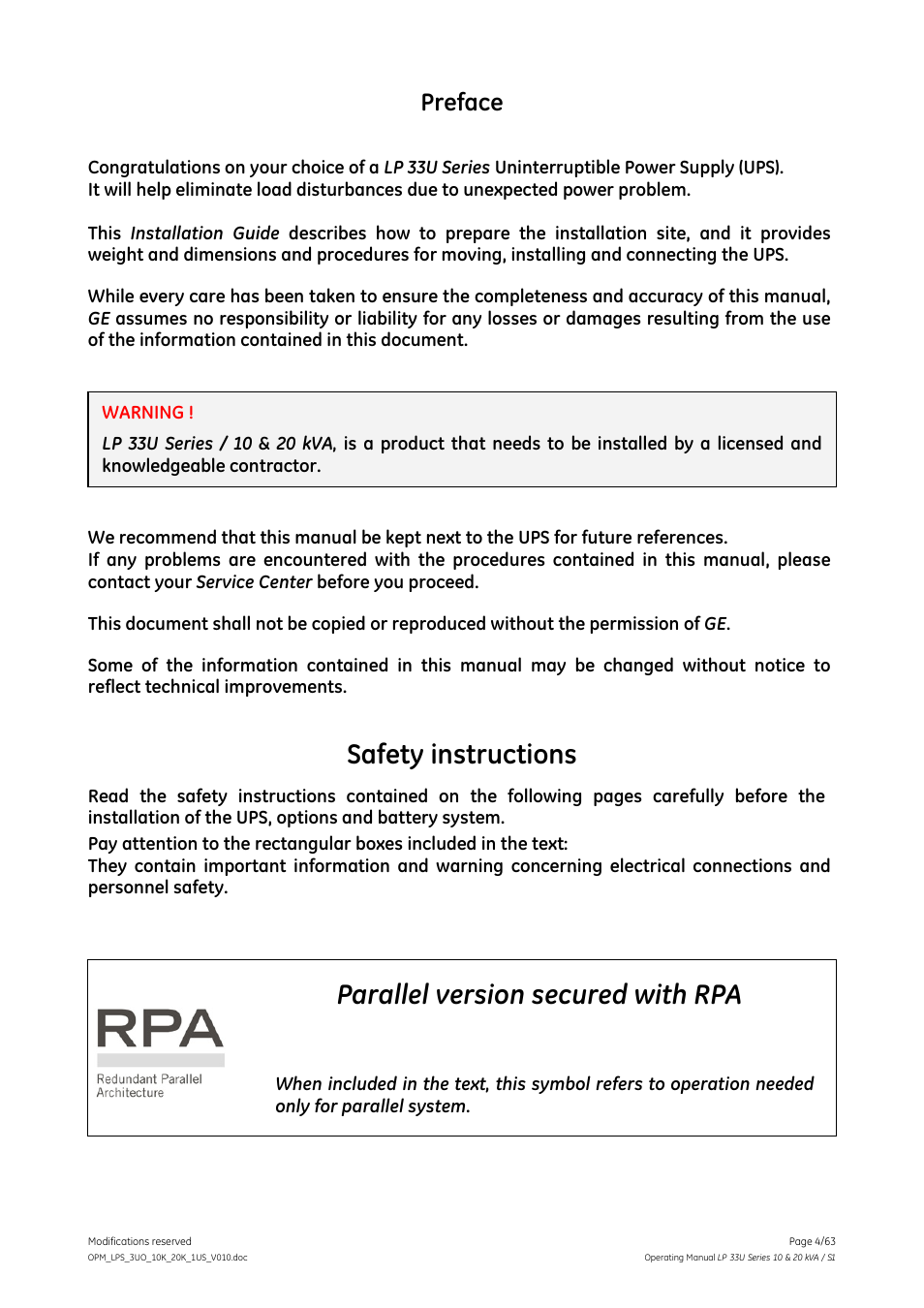 Safety instructions, Parallel version secured with rpa, Preface | GE Industrial Solutions LP 33U Series 10 & 20 kVA Operating Manual User Manual | Page 4 / 63