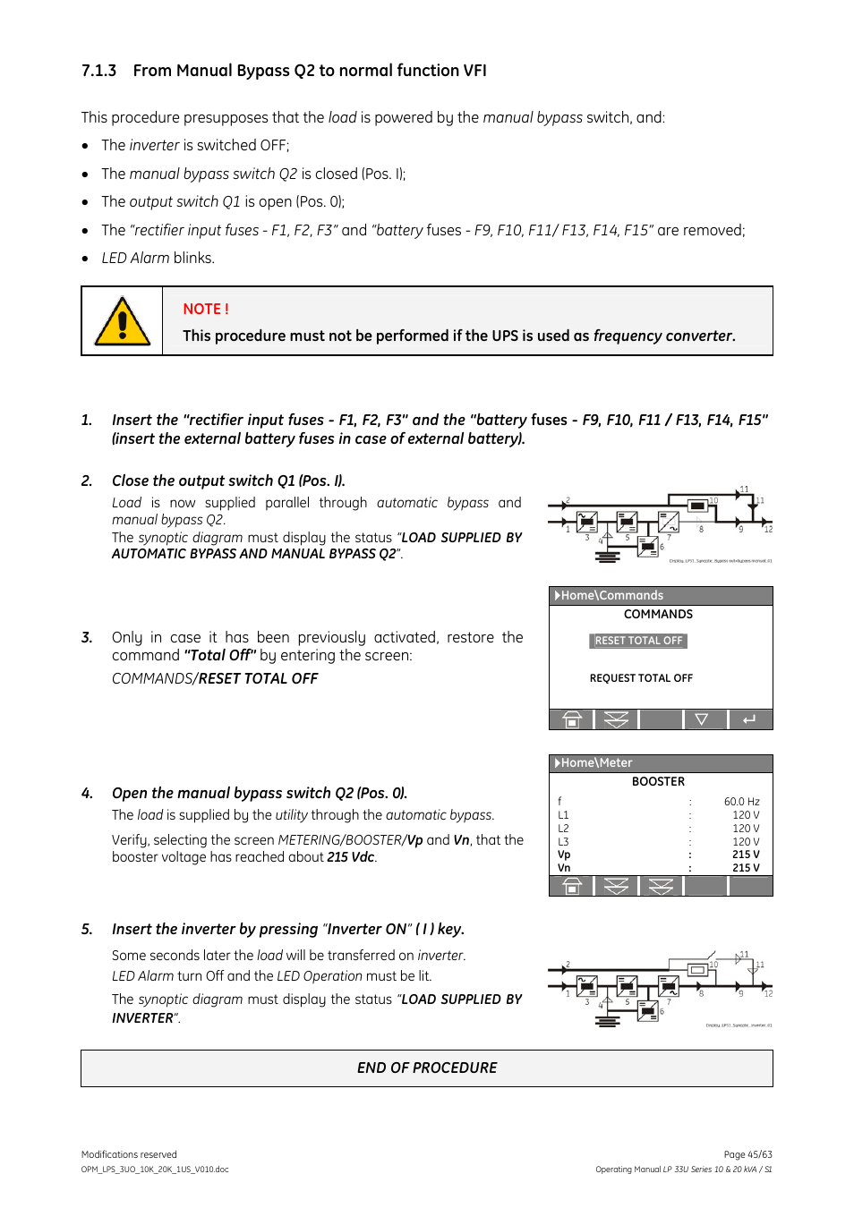 3 from manual bypass q2 to normal function vfi, From manual bypass q2 to normal function vfi | GE Industrial Solutions LP 33U Series 10 & 20 kVA Operating Manual User Manual | Page 45 / 63