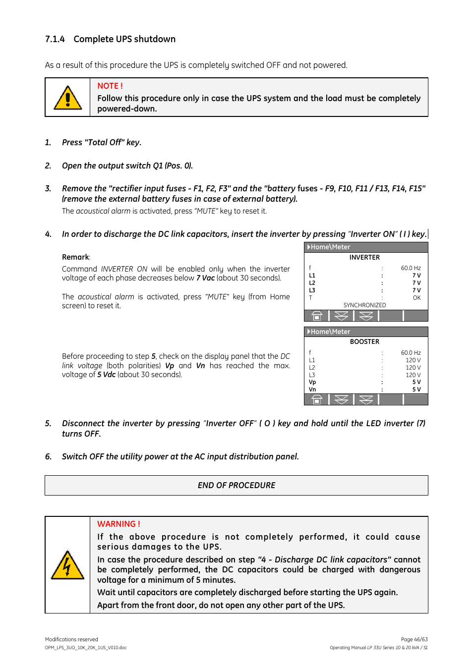 4 complete ups shutdown, Complete ups shutdown | GE Industrial Solutions LP 33U Series 10 & 20 kVA Operating Manual User Manual | Page 46 / 63