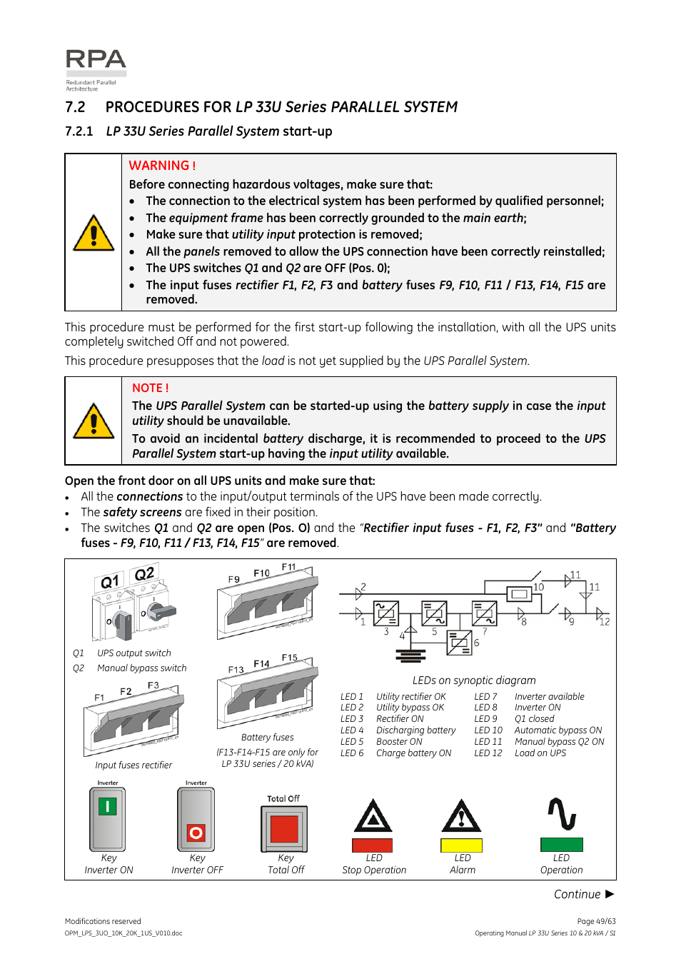 2 procedures for lp 33u series parallel system, 1 lp 33u series parallel system start-up, Procedures for lp 33u series parallel system | Lp 33u series parallel system start-up, Warning | GE Industrial Solutions LP 33U Series 10 & 20 kVA Operating Manual User Manual | Page 49 / 63