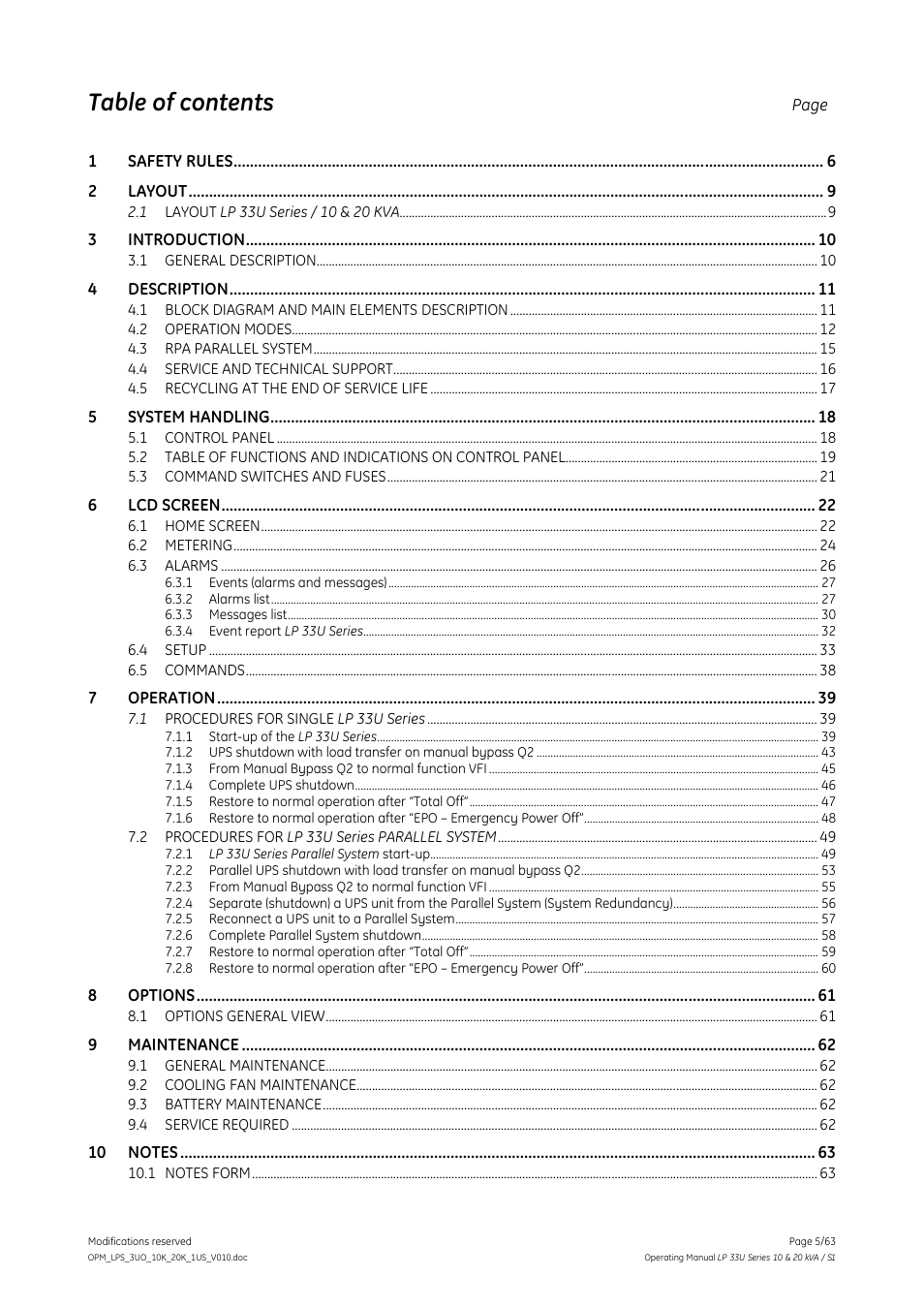 GE Industrial Solutions LP 33U Series 10 & 20 kVA Operating Manual User Manual | Page 5 / 63