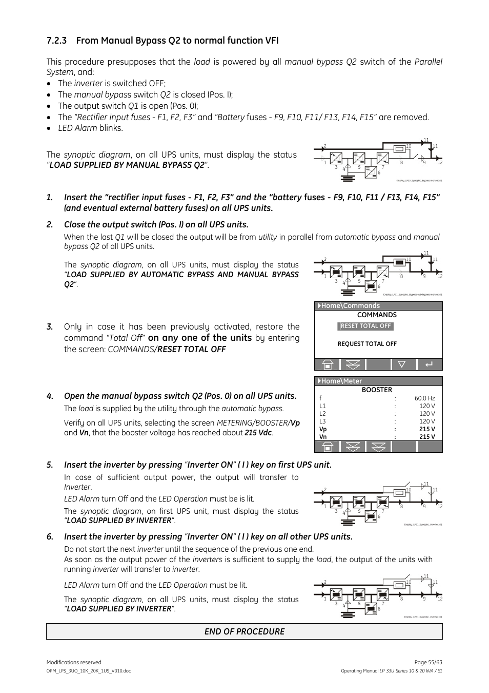 3 from manual bypass q2 to normal function vfi, From manual bypass q2 to normal function vfi, On any one of the units | GE Industrial Solutions LP 33U Series 10 & 20 kVA Operating Manual User Manual | Page 55 / 63