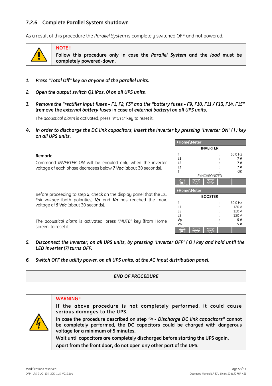 6 complete parallel system shutdown, Complete parallel system shutdown | GE Industrial Solutions LP 33U Series 10 & 20 kVA Operating Manual User Manual | Page 58 / 63