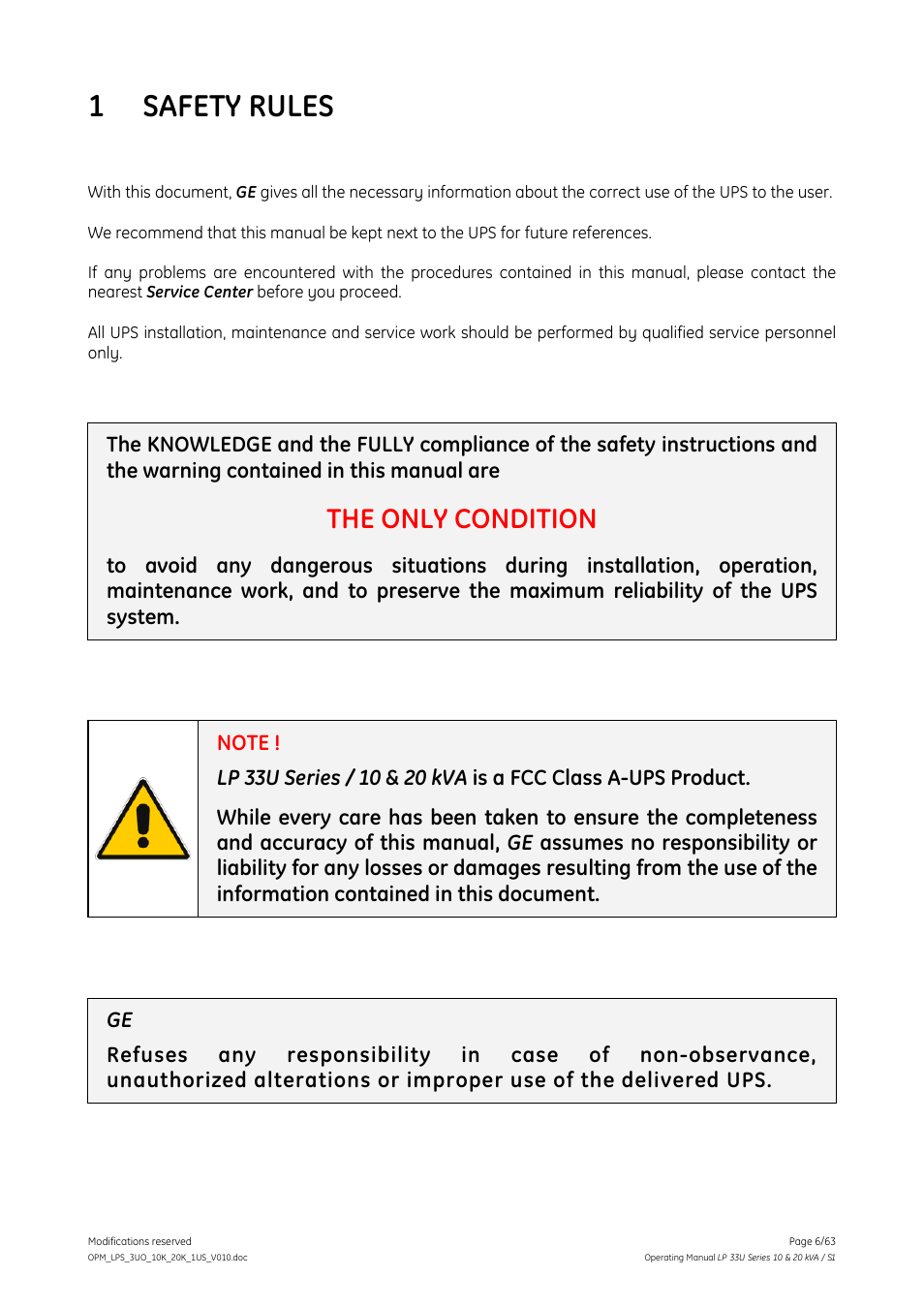 Safety rules, 1 safety rules, The only condition | GE Industrial Solutions LP 33U Series 10 & 20 kVA Operating Manual User Manual | Page 6 / 63