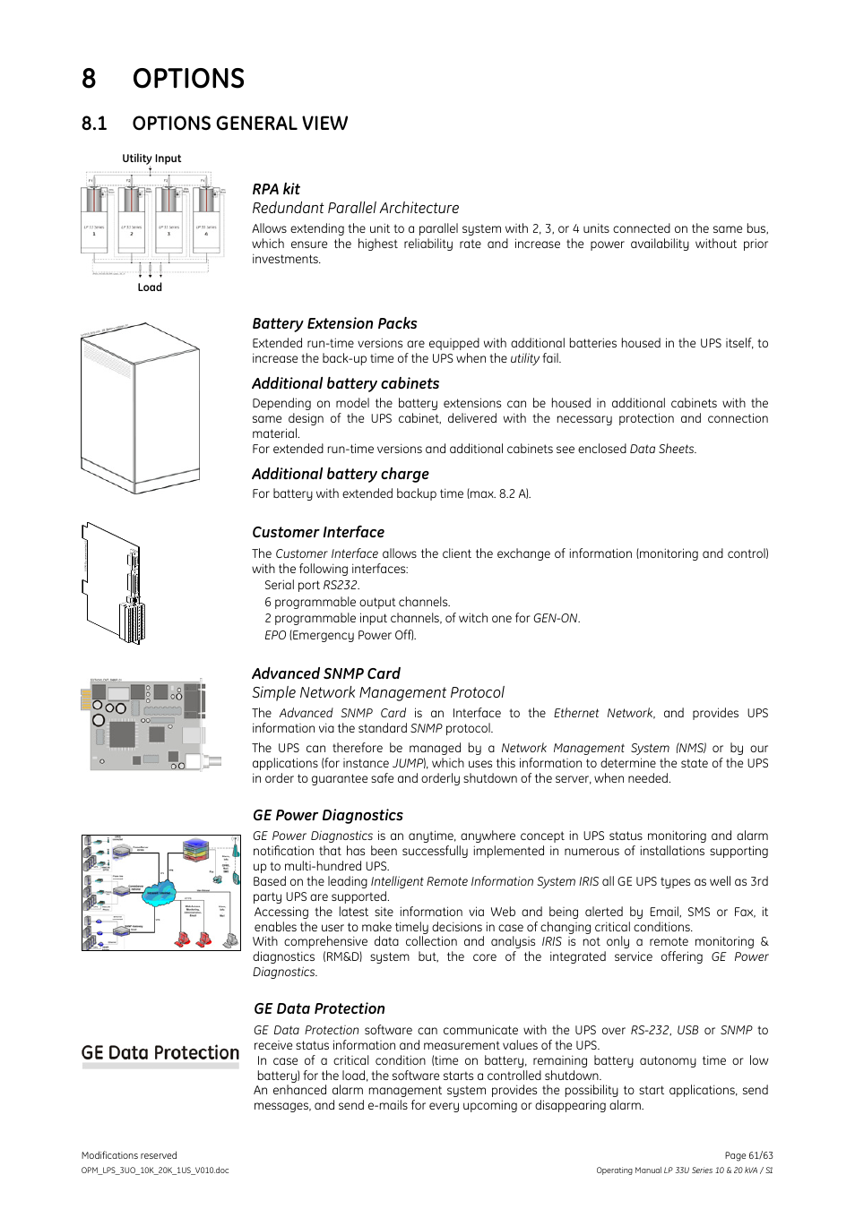 8 options, 1 options general view, Options | Options general view, Rpa kit redundant parallel architecture, Battery extension packs, Additional battery cabinets, Additional battery charge, Customer interface, Ge power diagnostics | GE Industrial Solutions LP 33U Series 10 & 20 kVA Operating Manual User Manual | Page 61 / 63