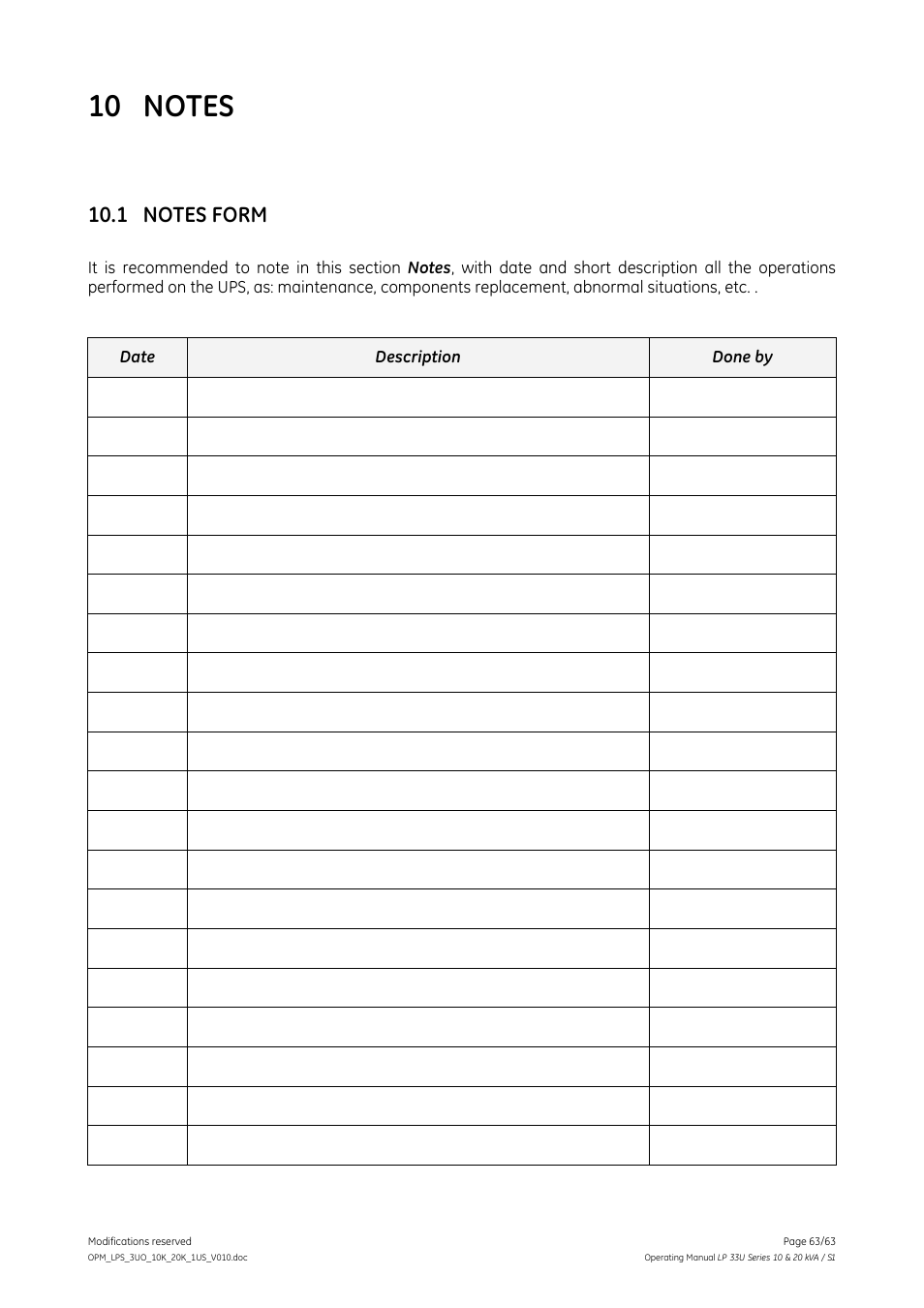 10 notes, 1 notes form, Notes | Notes form | GE Industrial Solutions LP 33U Series 10 & 20 kVA Operating Manual User Manual | Page 63 / 63