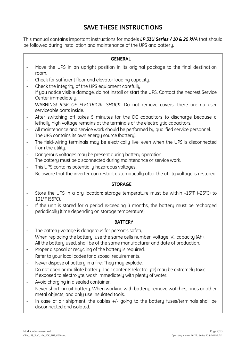 Save these instructions | GE Industrial Solutions LP 33U Series 10 & 20 kVA Operating Manual User Manual | Page 7 / 63