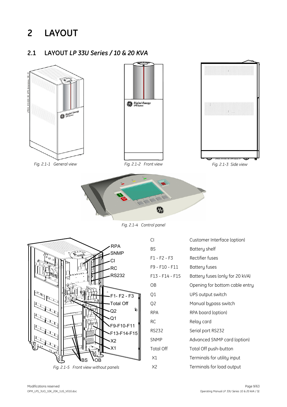 2 layout, 1 layout lp 33u series / 10 & 20 kva, Layout | Layout lp 33u series / 10 & 20 kva | GE Industrial Solutions LP 33U Series 10 & 20 kVA Operating Manual User Manual | Page 9 / 63