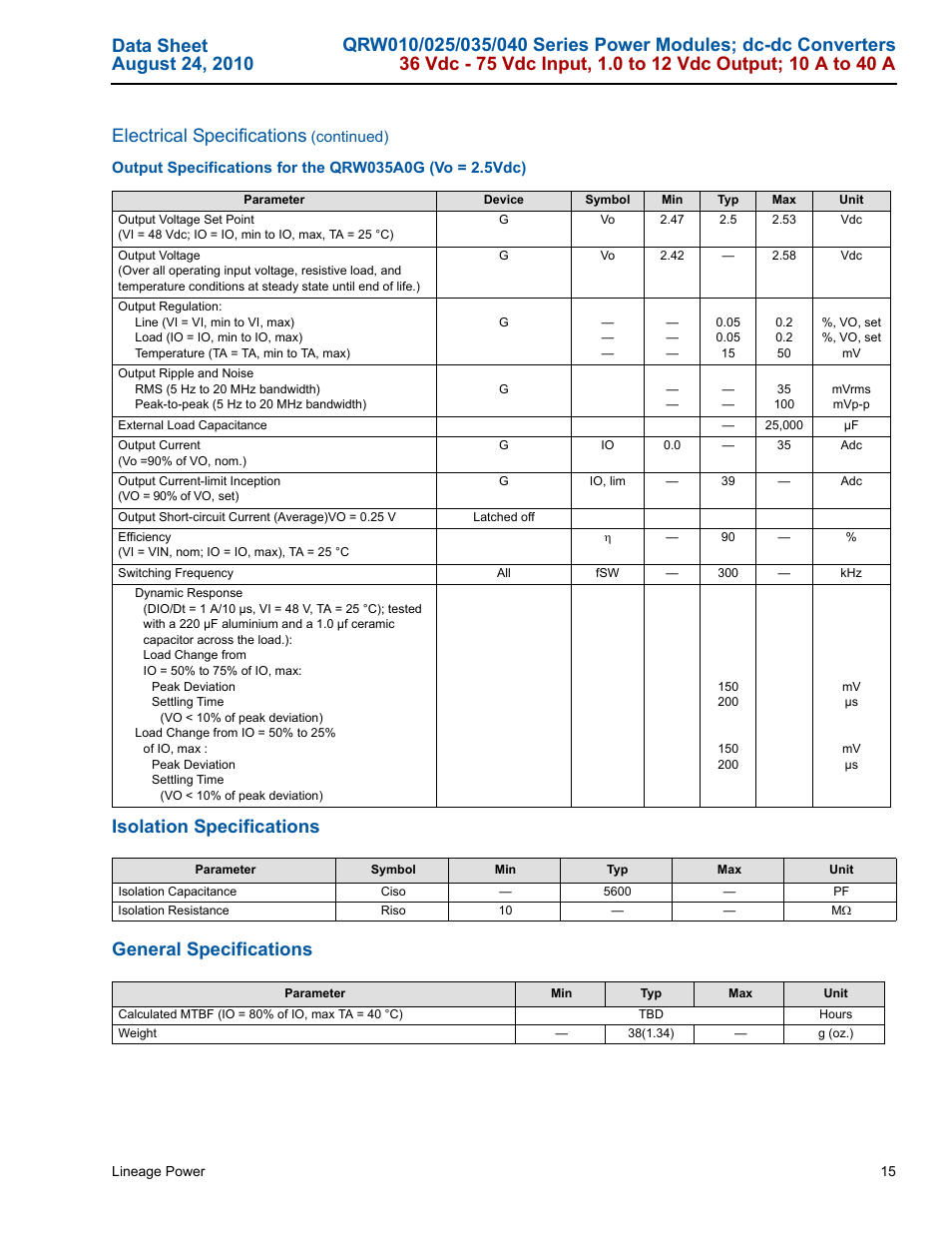 Isolation specifications general specifications | GE Industrial Solutions QRW010-025-035-040 Series User Manual | Page 15 / 37