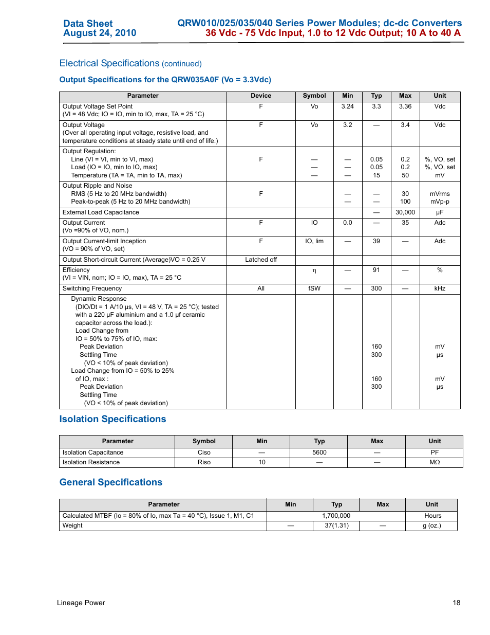 Isolation specifications general specifications | GE Industrial Solutions QRW010-025-035-040 Series User Manual | Page 18 / 37
