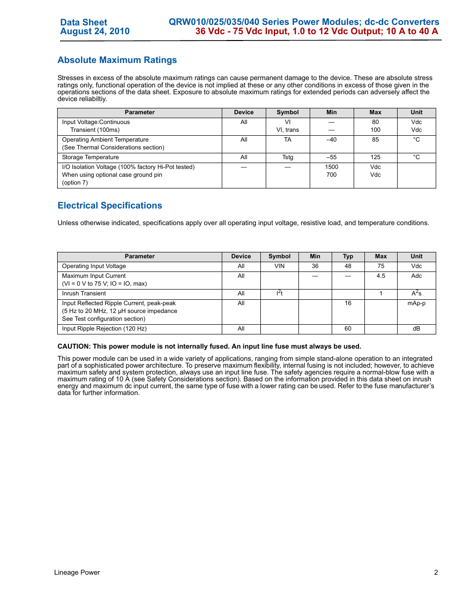 Electrical specifications | GE Industrial Solutions QRW010-025-035-040 Series User Manual | Page 2 / 37