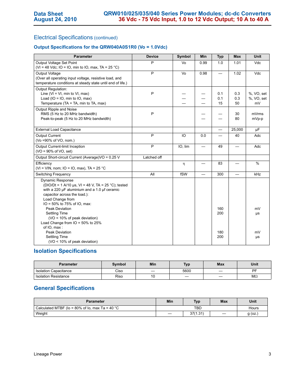 Isolation specifications general specifications | GE Industrial Solutions QRW010-025-035-040 Series User Manual | Page 3 / 37
