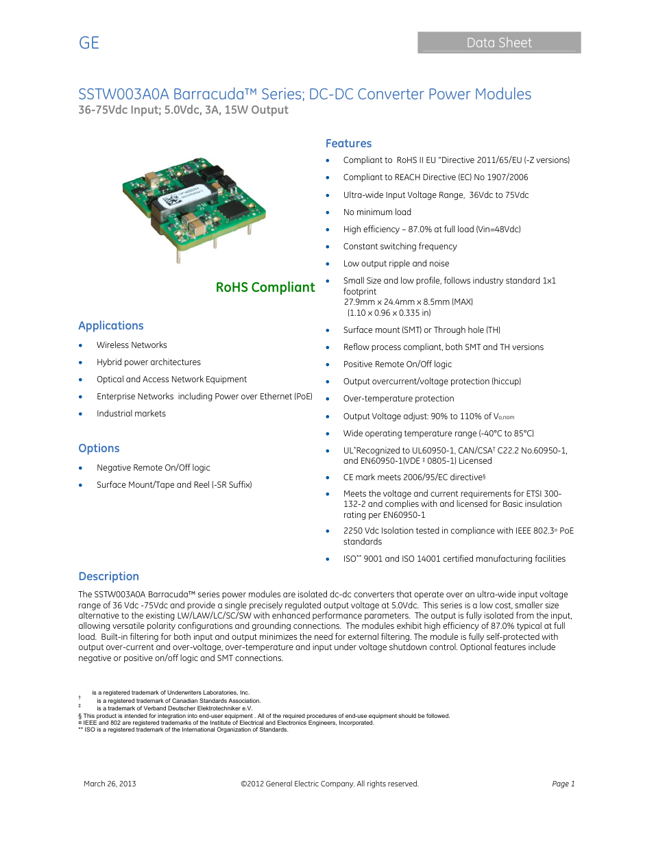 GE Industrial Solutions SSTW003A0A Barracuda Series User Manual | 15 pages