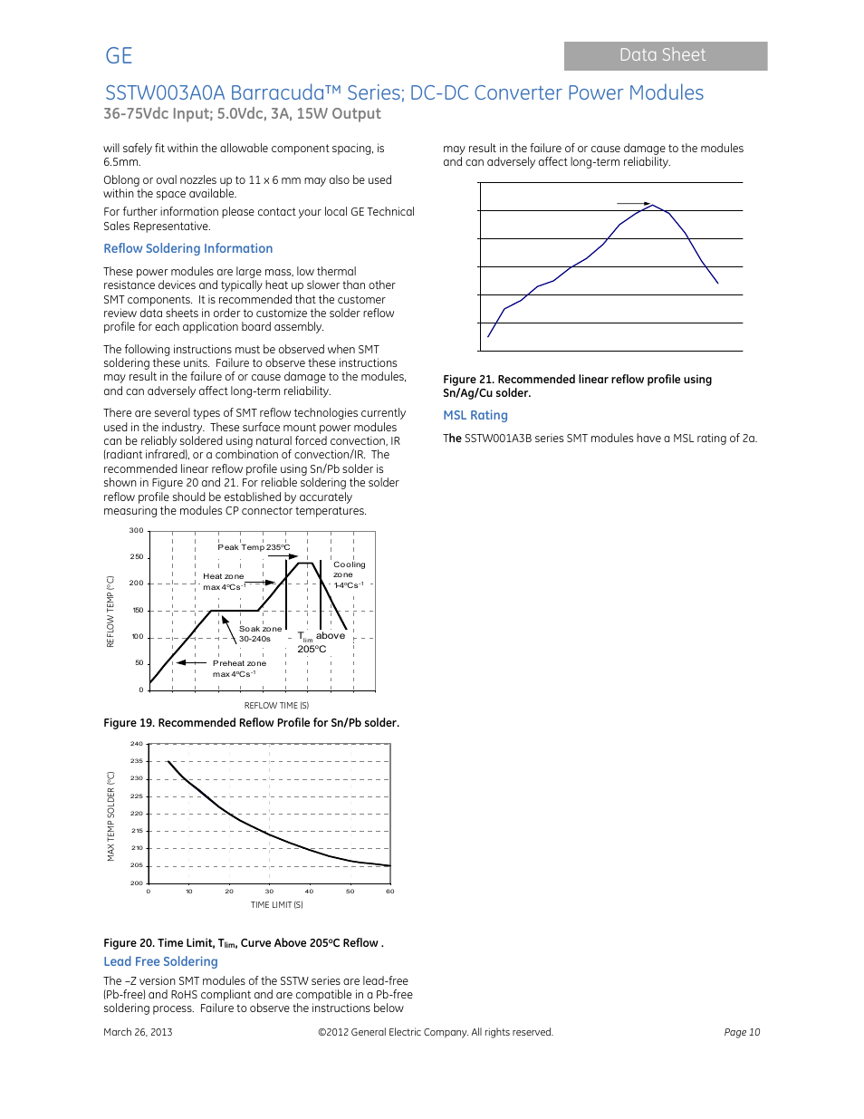 Data sheet, Reflow soldering information, Lead free soldering | Msl rating | GE Industrial Solutions SSTW003A0A Barracuda Series User Manual | Page 10 / 15