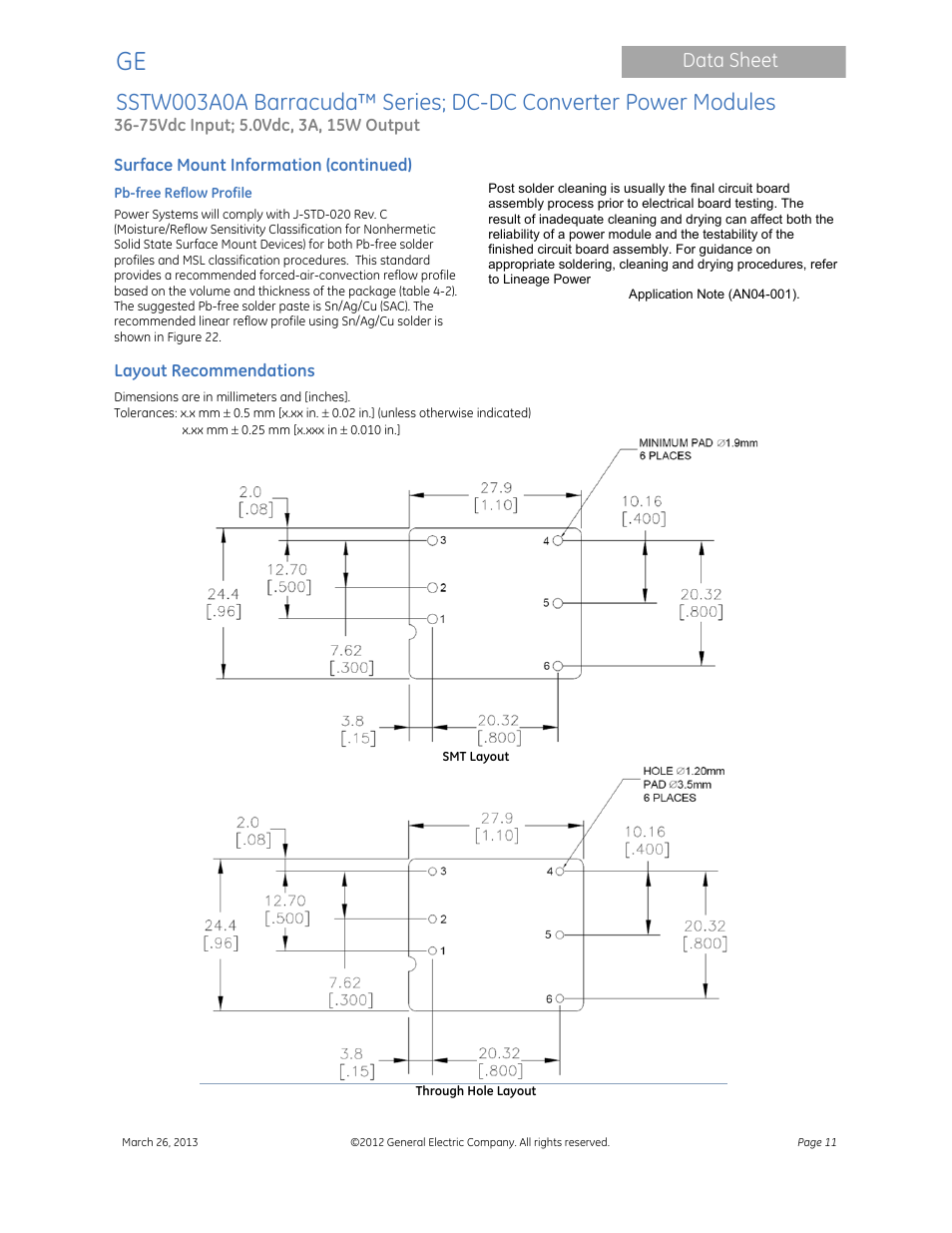 Data sheet | GE Industrial Solutions SSTW003A0A Barracuda Series User Manual | Page 11 / 15
