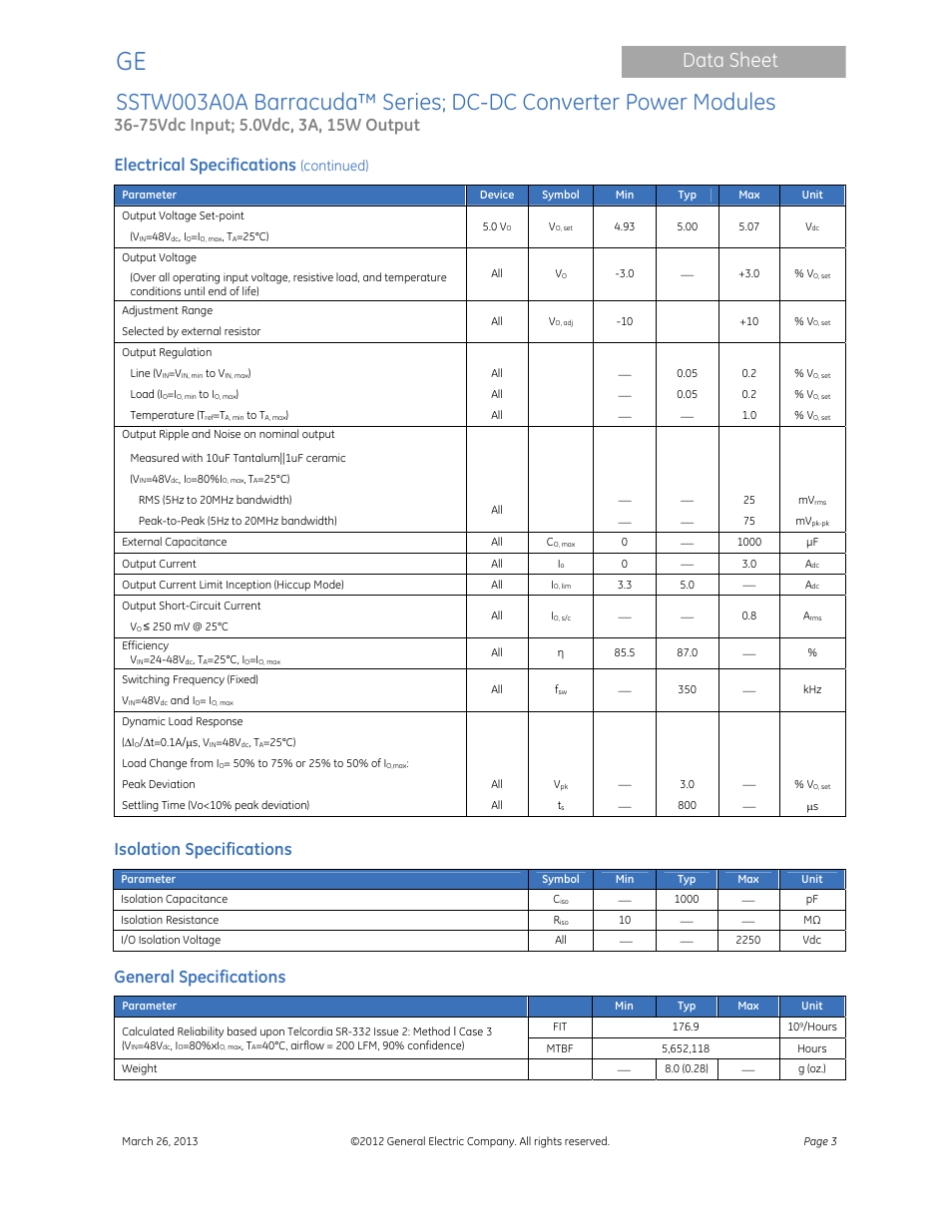 Data sheet, Electrical specifications, Isolation specifications | General specifications, Continued) | GE Industrial Solutions SSTW003A0A Barracuda Series User Manual | Page 3 / 15
