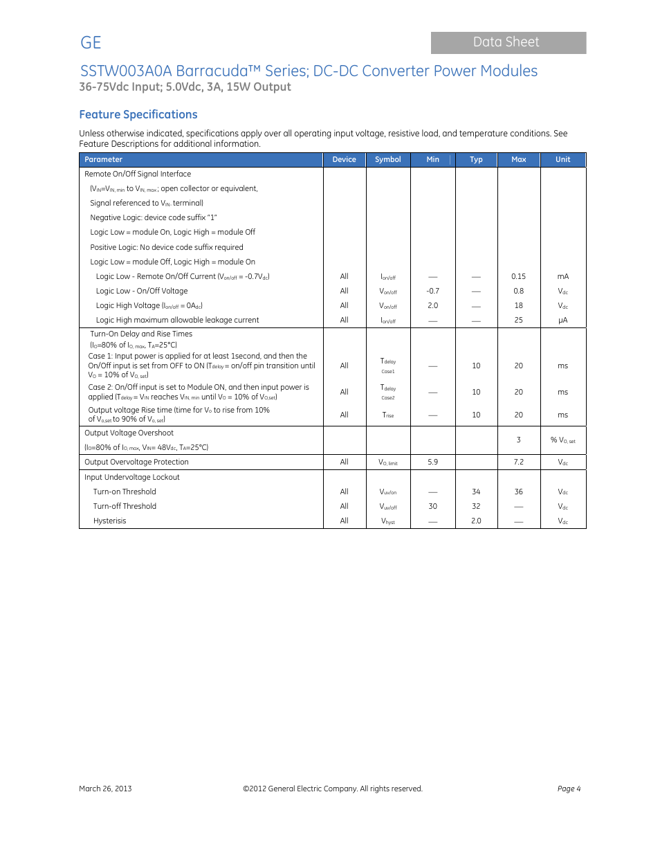 Data sheet, Feature specifications | GE Industrial Solutions SSTW003A0A Barracuda Series User Manual | Page 4 / 15