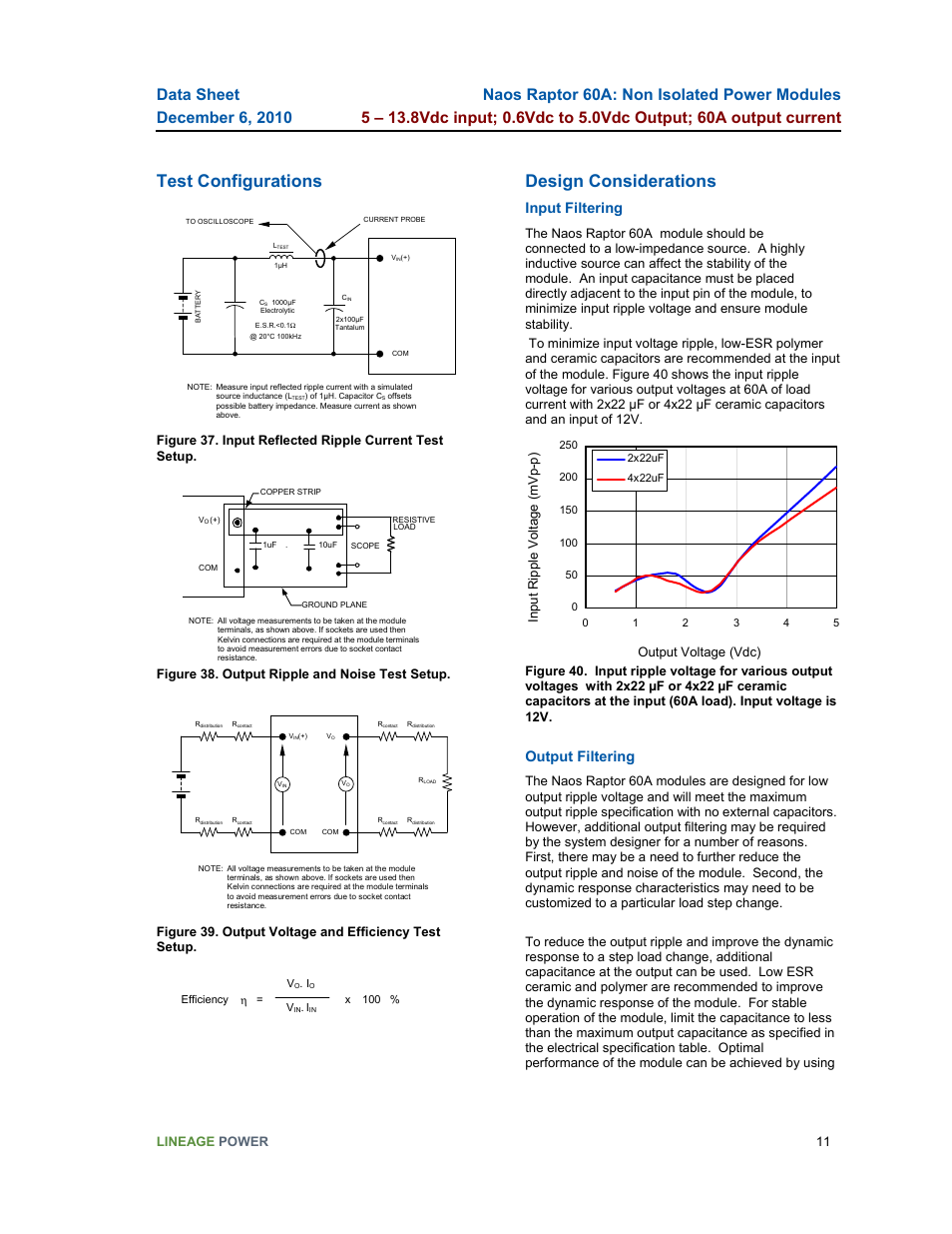 Test configurations, Design considerations, Input filtering | Output filtering, Lineage power 11, Figure 38. output ripple and noise test setup | GE Industrial Solutions Naos Raptor 60A User Manual | Page 11 / 18