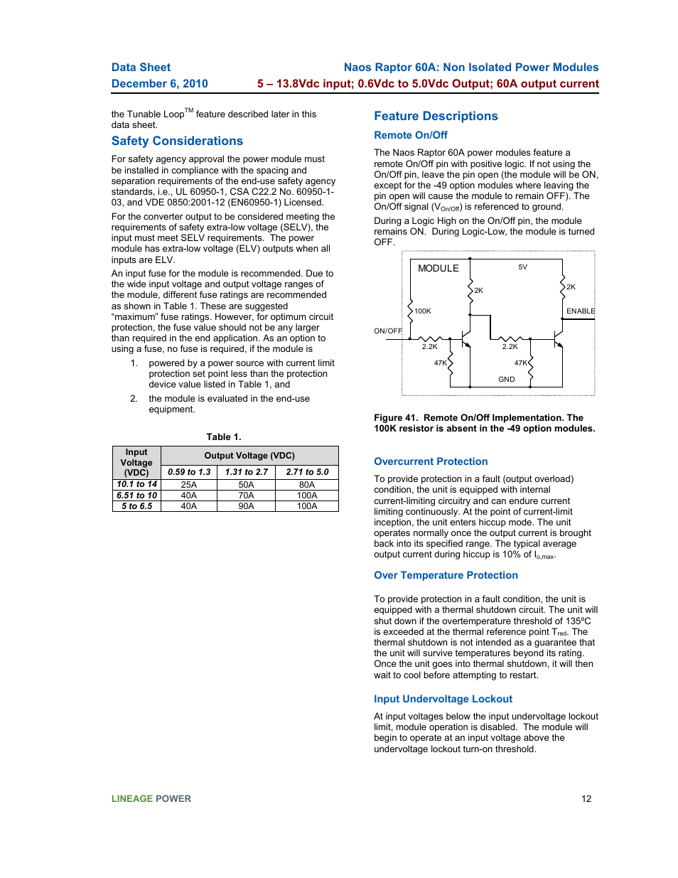 Safety considerations, Feature descriptions | GE Industrial Solutions Naos Raptor 60A User Manual | Page 12 / 18
