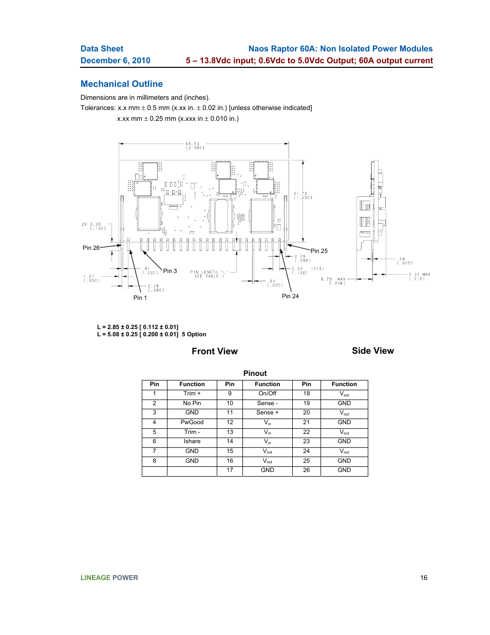 Mechanical outline, Front view side view | GE Industrial Solutions Naos Raptor 60A User Manual | Page 16 / 18
