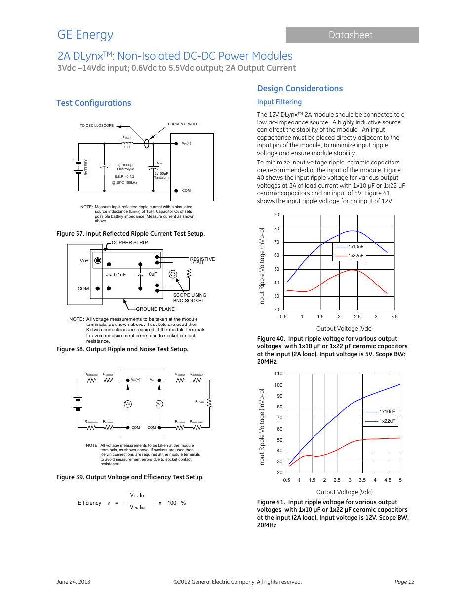 Ge energy, 2a dlynx, Non-isolated dc-dc power modules | Datasheet, Test configurations, Design considerations, Input filtering | GE Industrial Solutions 2A DLynx User Manual | Page 12 / 24