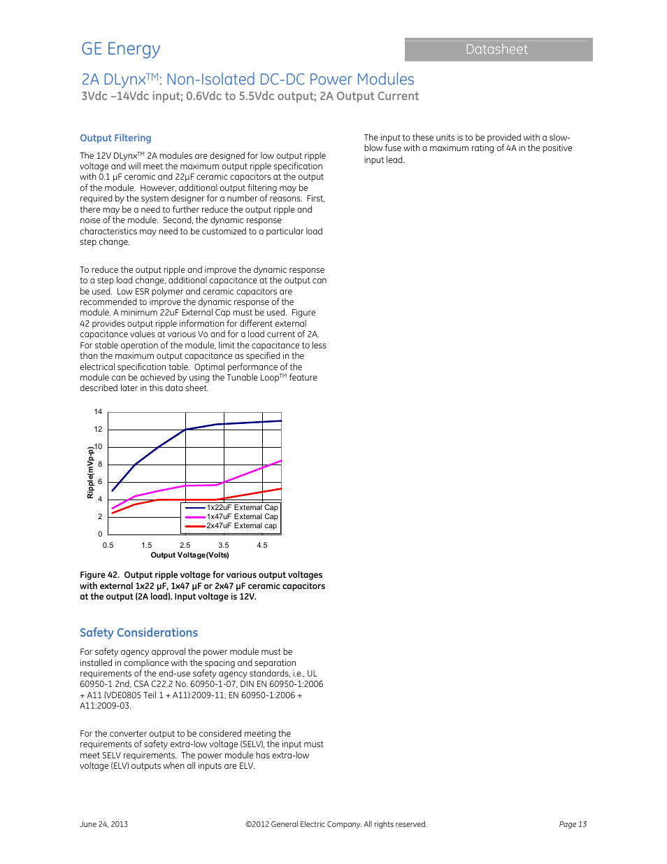 Ge energy, 2a dlynx, Non-isolated dc-dc power modules | Datasheet, Safety considerations | GE Industrial Solutions 2A DLynx User Manual | Page 13 / 24