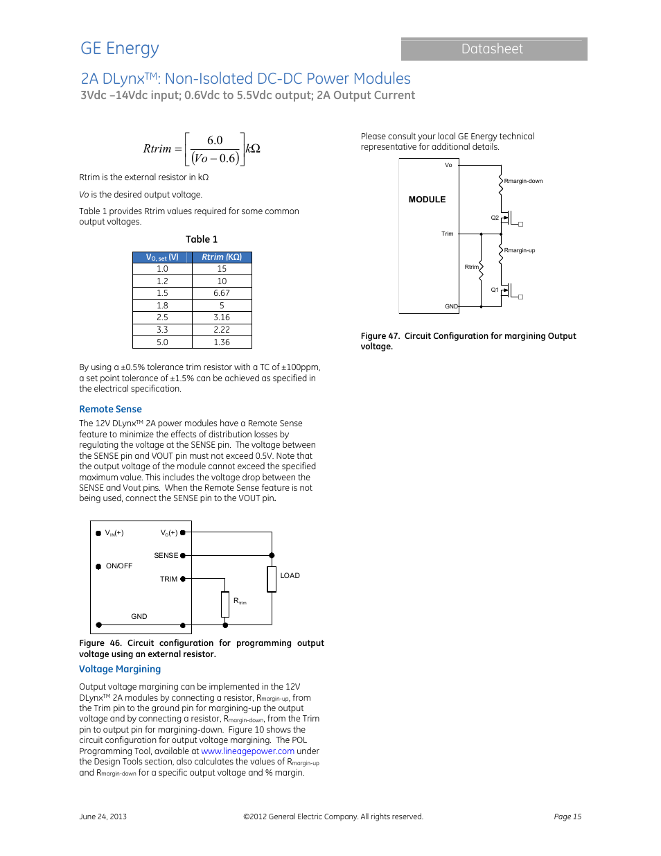 Ge energy, 2a dlynx, Non-isolated dc-dc power modules | Datasheet, Ω      − = k vo rtrim 6 . 0 0 . 6 | GE Industrial Solutions 2A DLynx User Manual | Page 15 / 24