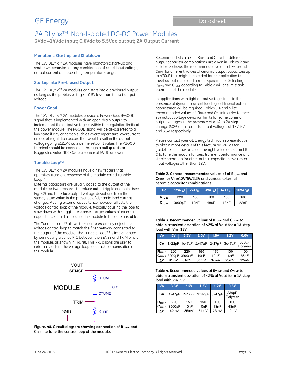 Ge energy, 2a dlynx, Non-isolated dc-dc power modules | Datasheet, Module | GE Industrial Solutions 2A DLynx User Manual | Page 16 / 24