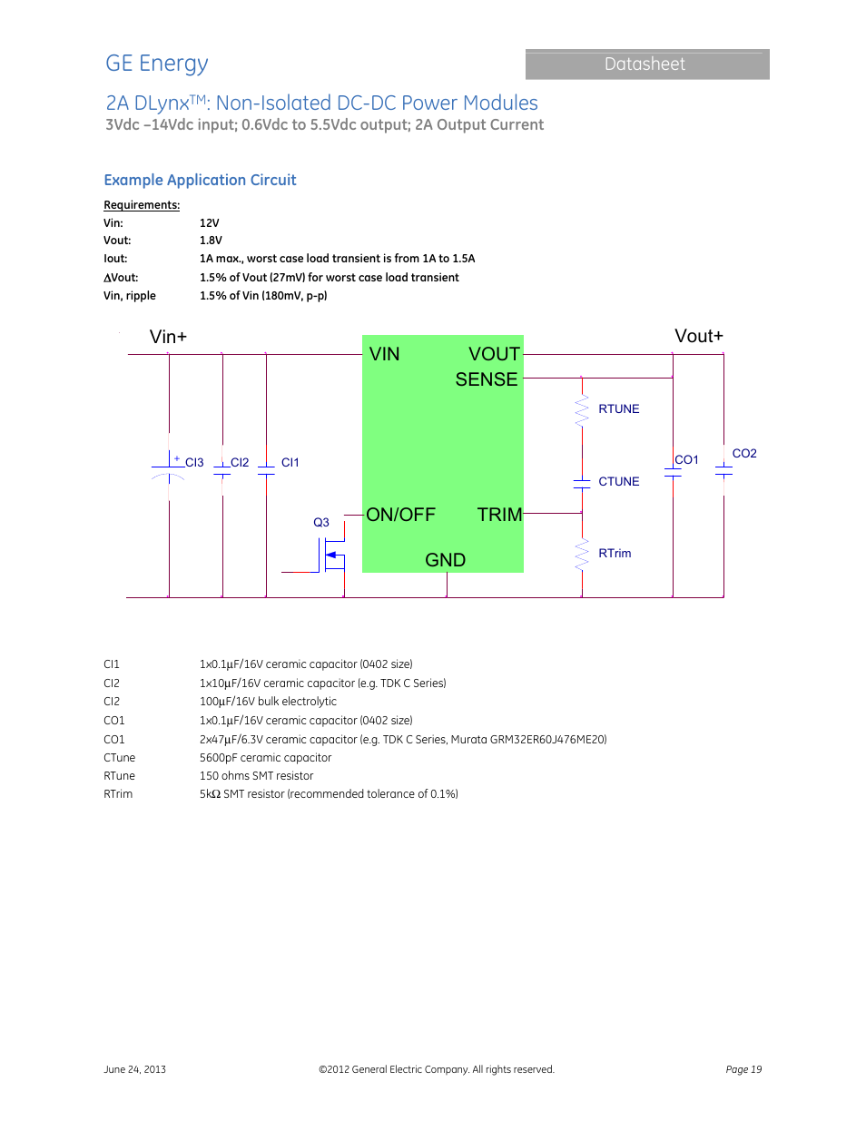 Module, Ge energy, 2a dlynx | Non-isolated dc-dc power modules, Datasheet, Vout sense gnd trim, Vout+ on/off | GE Industrial Solutions 2A DLynx User Manual | Page 19 / 24