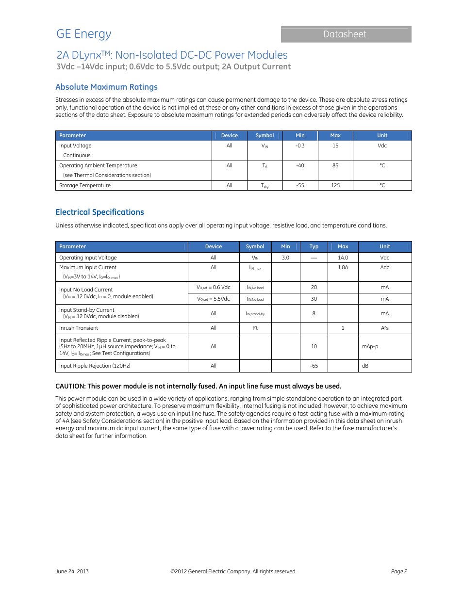 Ge energy, 2a dlynx, Non-isolated dc-dc power modules | Datasheet, Absolute maximum ratings, Electrical specifications | GE Industrial Solutions 2A DLynx User Manual | Page 2 / 24