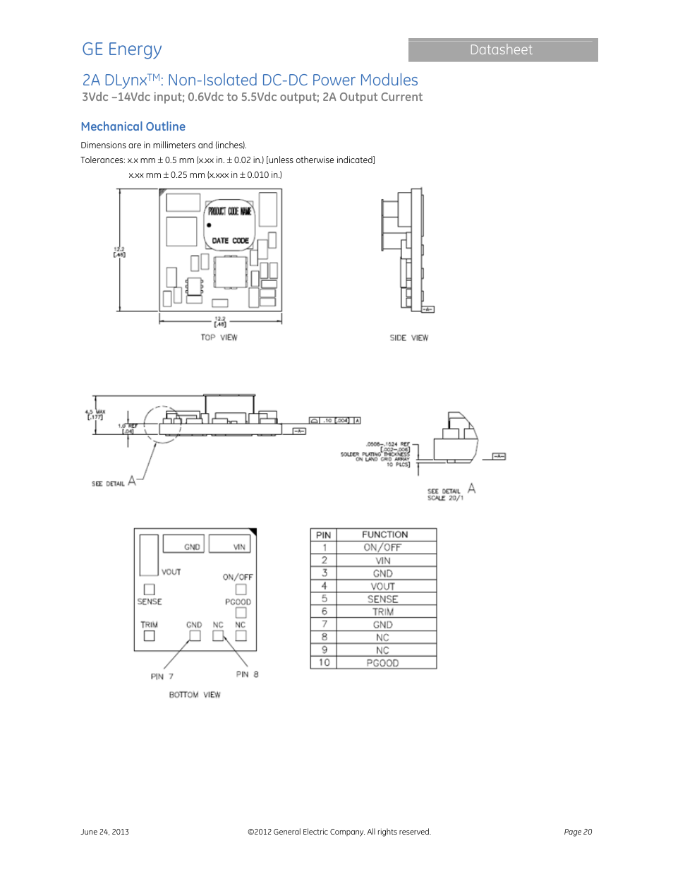 Ge energy, 2a dlynx, Non-isolated dc-dc power modules | Datasheet | GE Industrial Solutions 2A DLynx User Manual | Page 20 / 24