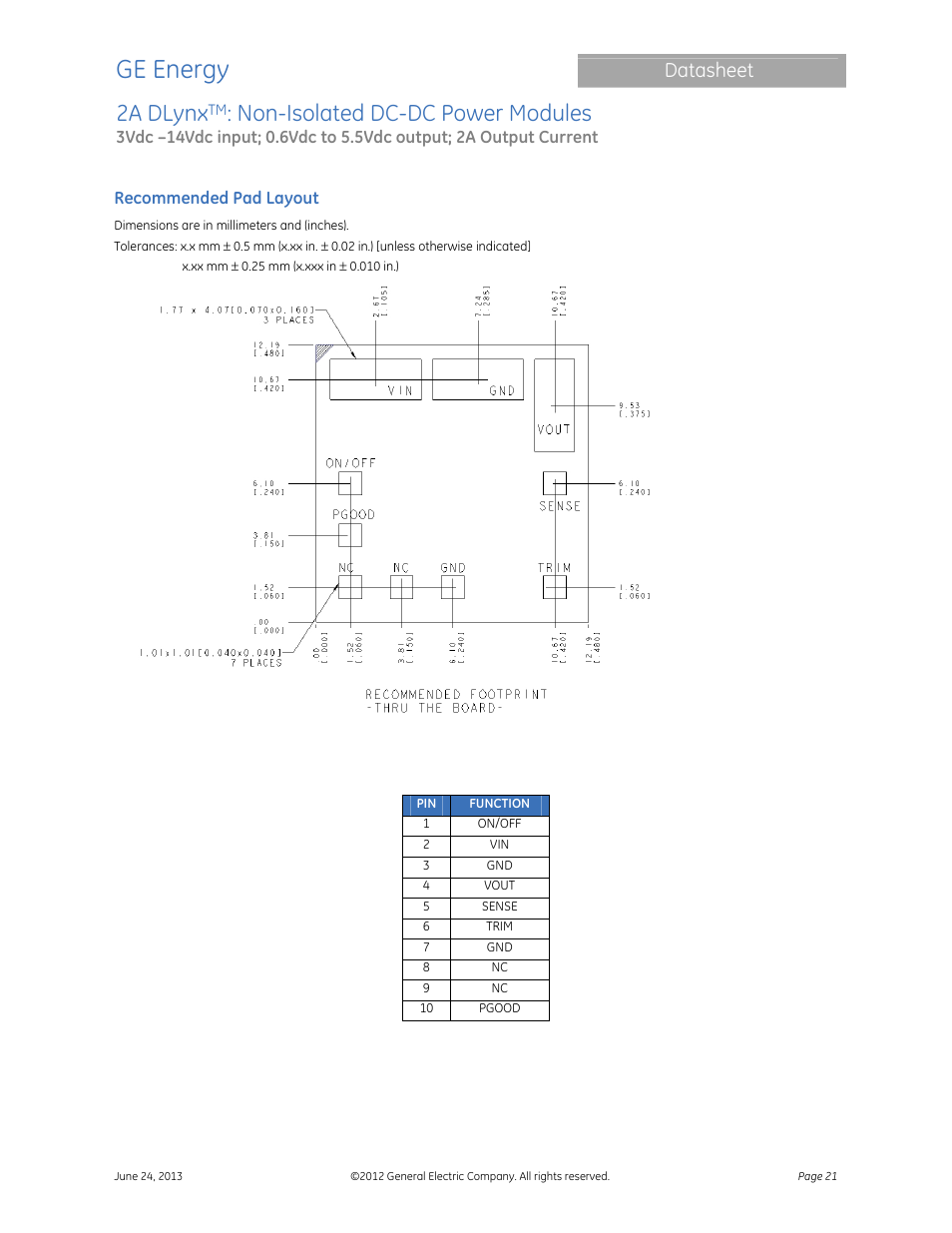 Ge energy, 2a dlynx, Non-isolated dc-dc power modules | Datasheet | GE Industrial Solutions 2A DLynx User Manual | Page 21 / 24