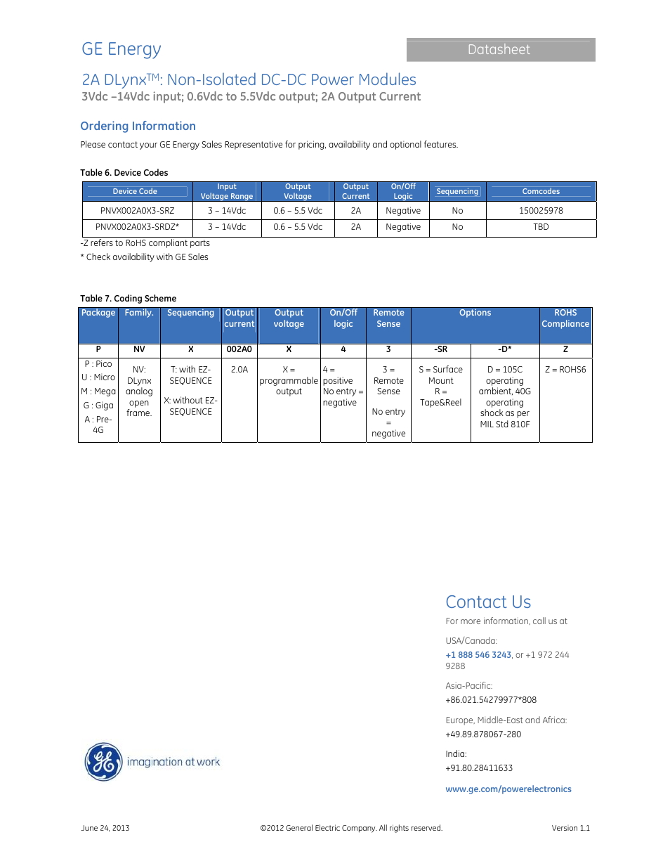 Ge energy, Contact us, 2a dlynx | Non-isolated dc-dc power modules, Datasheet, Ordering information | GE Industrial Solutions 2A DLynx User Manual | Page 24 / 24