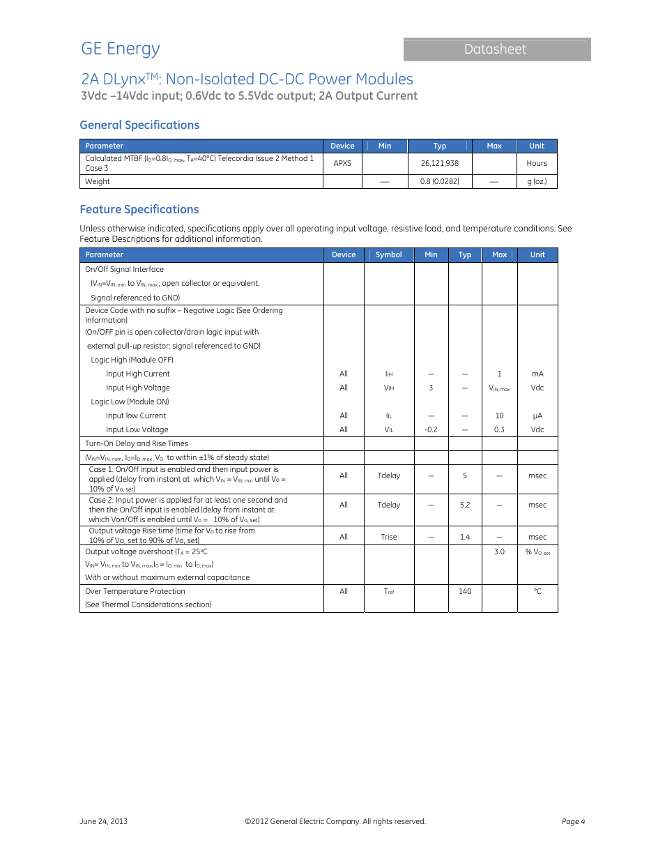 Ge energy, 2a dlynx, Non-isolated dc-dc power modules | Datasheet, General specifications, Feature specifications | GE Industrial Solutions 2A DLynx User Manual | Page 4 / 24