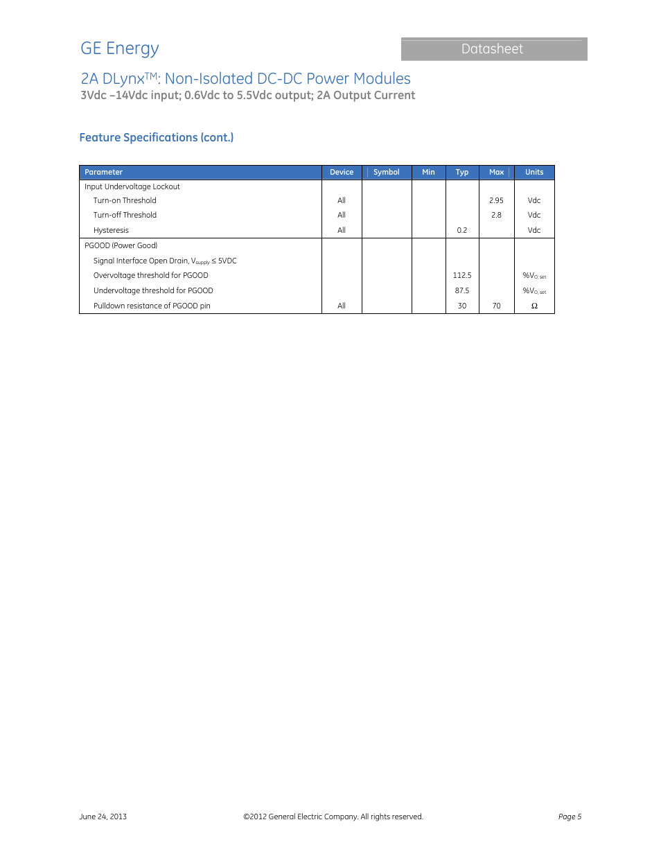 Ge energy, 2a dlynx, Non-isolated dc-dc power modules | Datasheet, Feature specifications (cont.) | GE Industrial Solutions 2A DLynx User Manual | Page 5 / 24