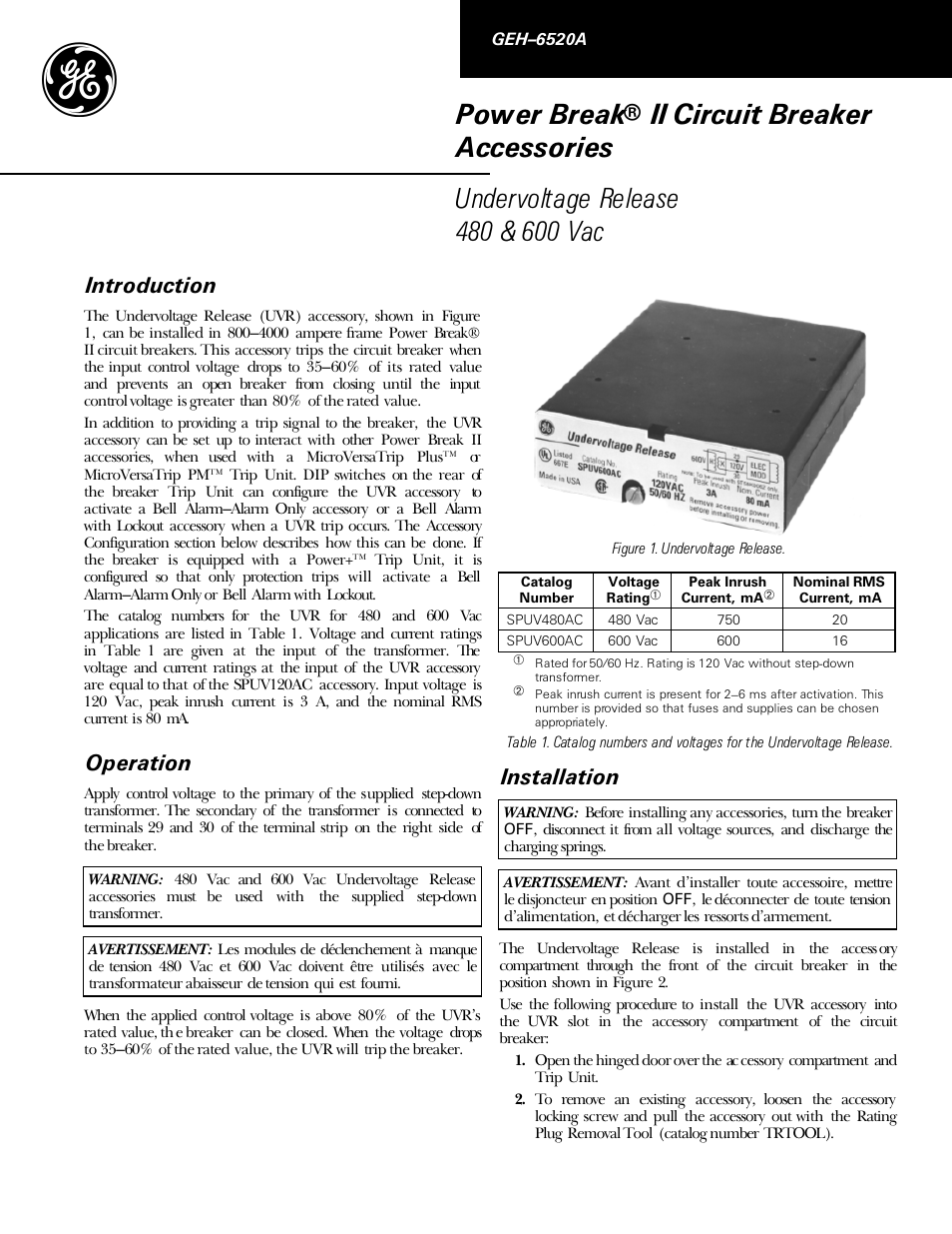 GE Industrial Solutions Power Break II Undervoltage Release 480 & 600 Vac User Manual | 4 pages