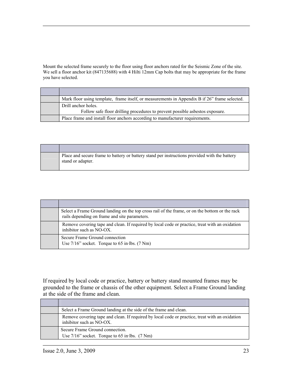 Anchor the frame, Ground the framework, Floor mounted frames | Connect frame ground, Battery or battery stand mounted frames | GE Industrial Solutions H2007001 G21 Series User Manual | Page 23 / 92