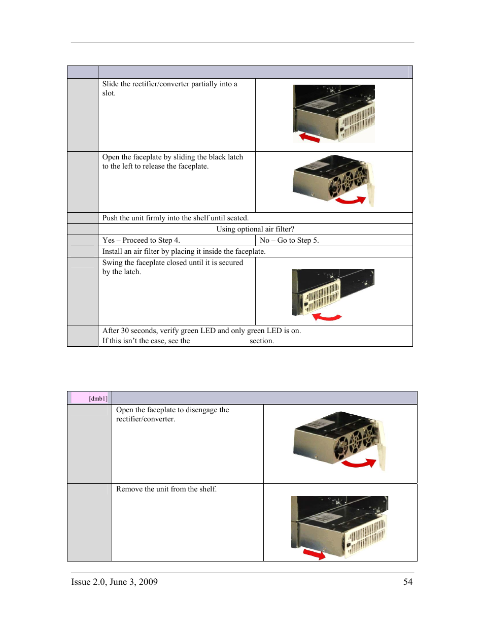 Rectifier/converter installation procedure, Rectifier/converter removal procedure | GE Industrial Solutions H2007001 G21 Series User Manual | Page 54 / 92