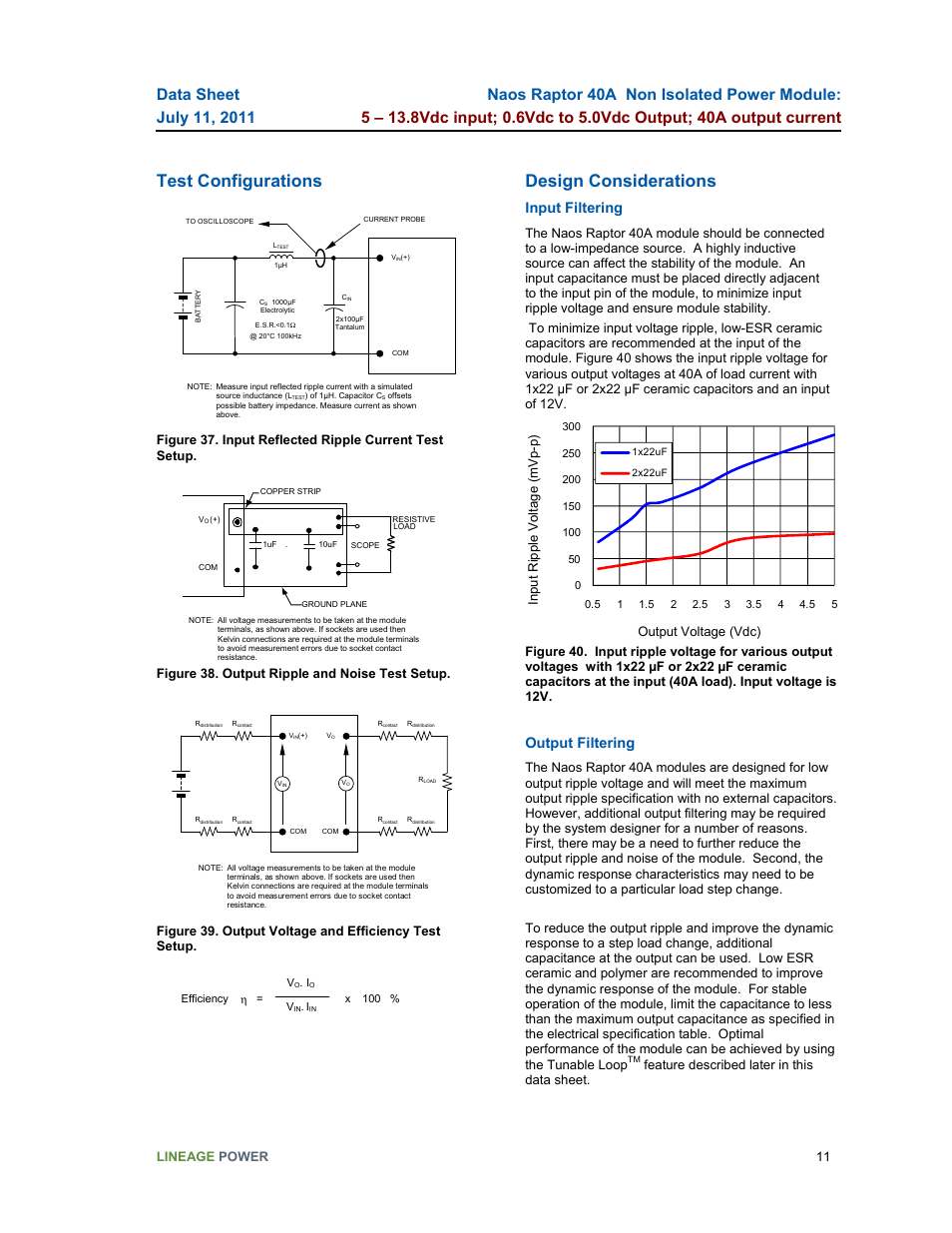 Test configurations, Design considerations, Input filtering | Output filtering, Lineage power 11, Figure 38. output ripple and noise test setup, Feature described later in this data sheet | GE Industrial Solutions Naos Raptor 40A User Manual | Page 11 / 18