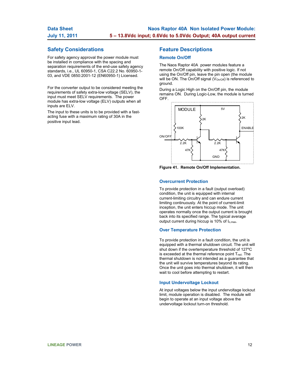 Safety considerations, Feature descriptions | GE Industrial Solutions Naos Raptor 40A User Manual | Page 12 / 18